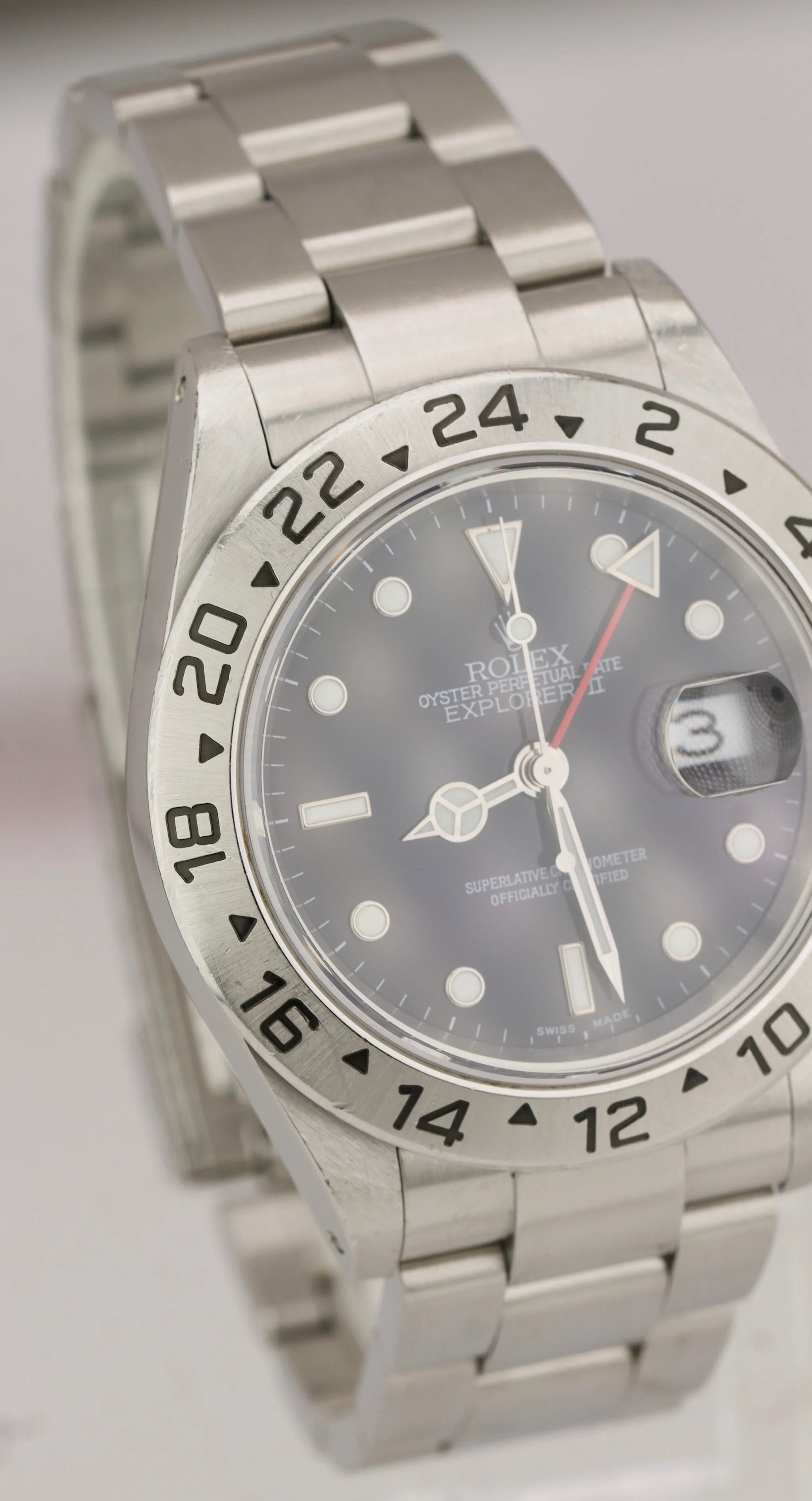 2003 UNPOLISHED Rolex Explorer II SEL LUME Steel Black Date GMT 40mm Watch 16570
