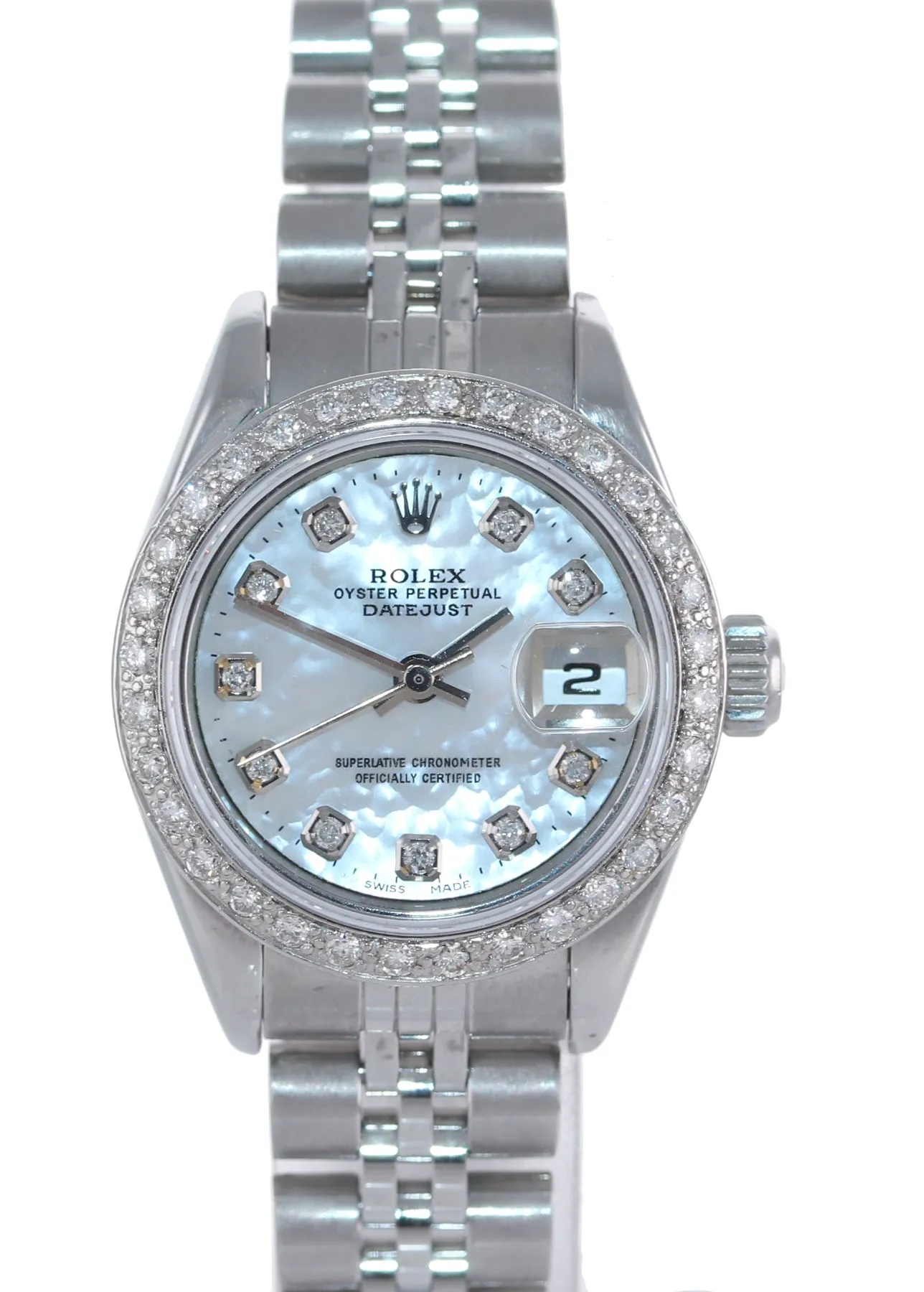 2004 Ladies Rolex DateJust 26mm MOP Diamond Fluted Bezel Steel Jubilee Watch