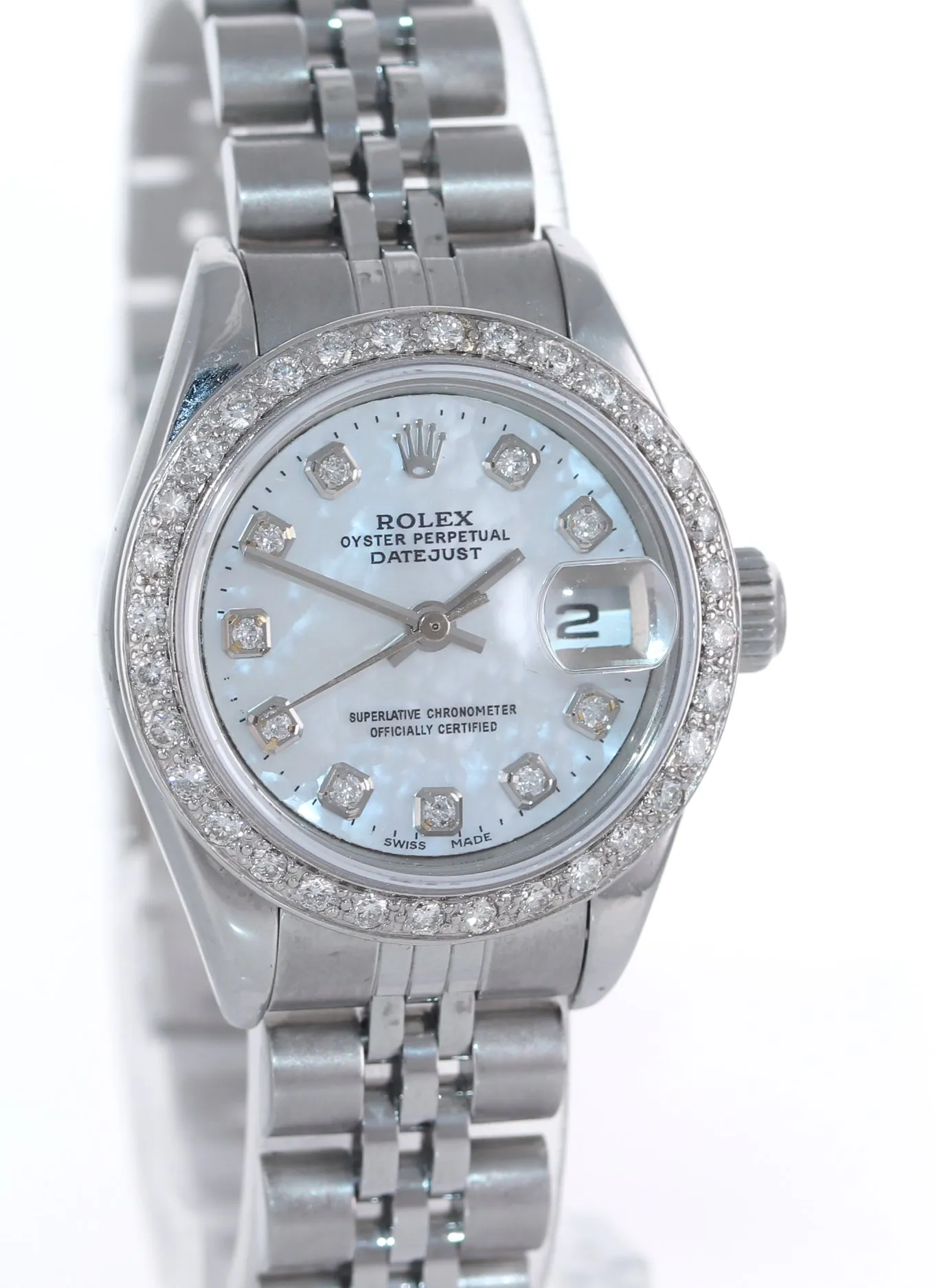 2004 Ladies Rolex DateJust 26mm MOP Diamond Fluted Bezel Steel Jubilee Watch