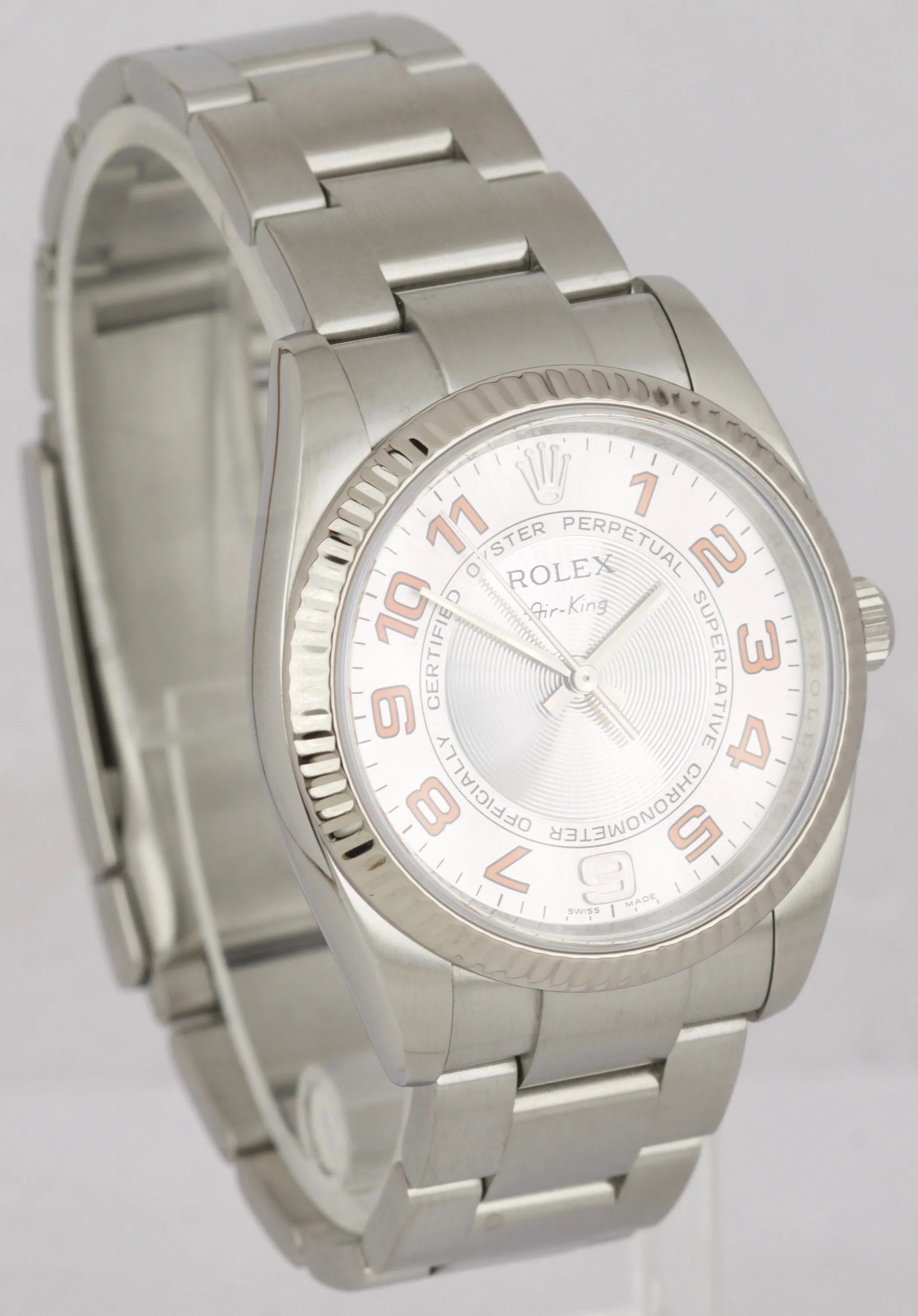 2008 Rolex Air-King Oyster Perpetual Silver Orange Concentric 34mm Watch 114234