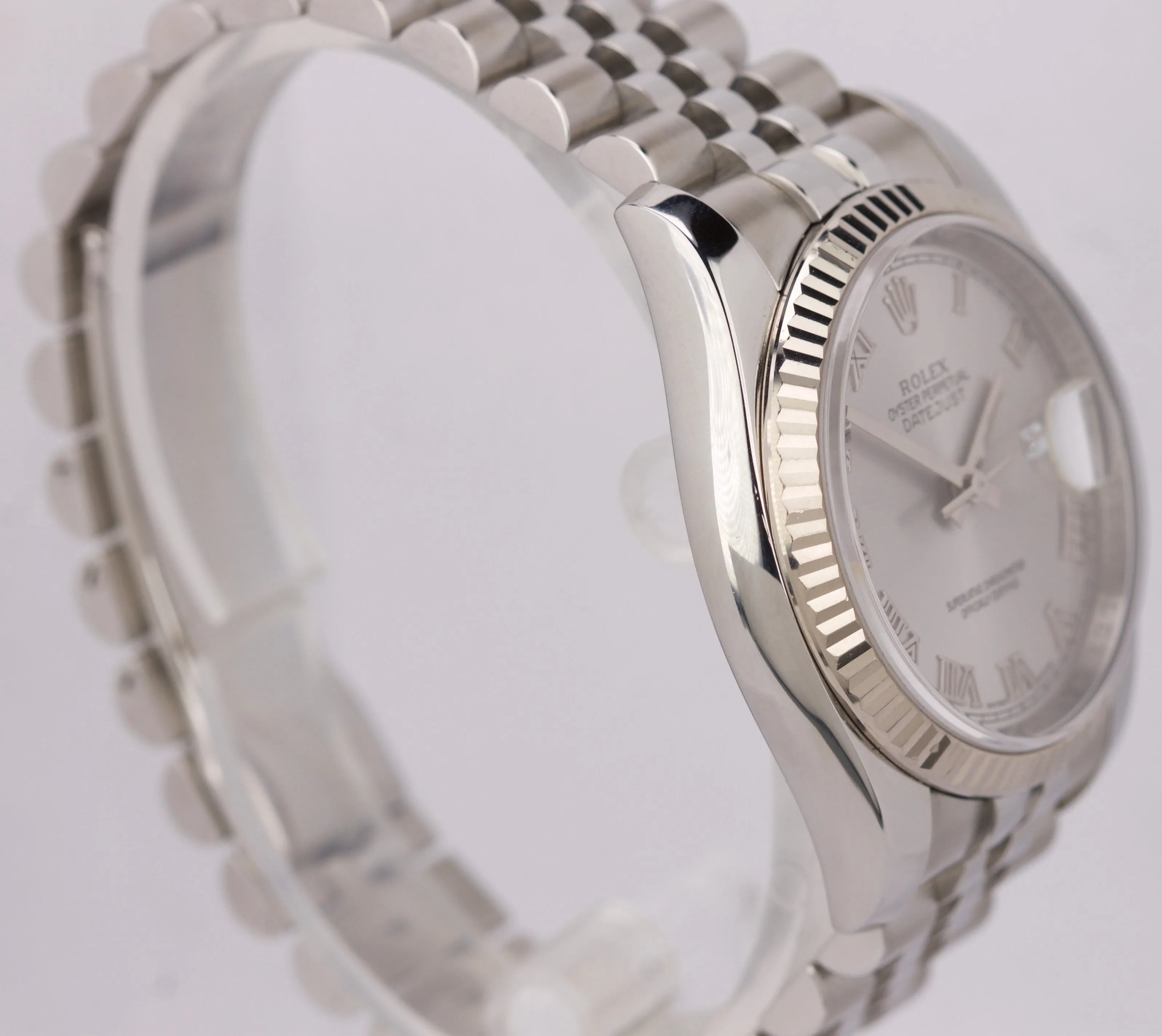 2010 ENGRAVED Rolex DateJust 116234 Silver Roman 36mm Steel Jubilee Date Watch