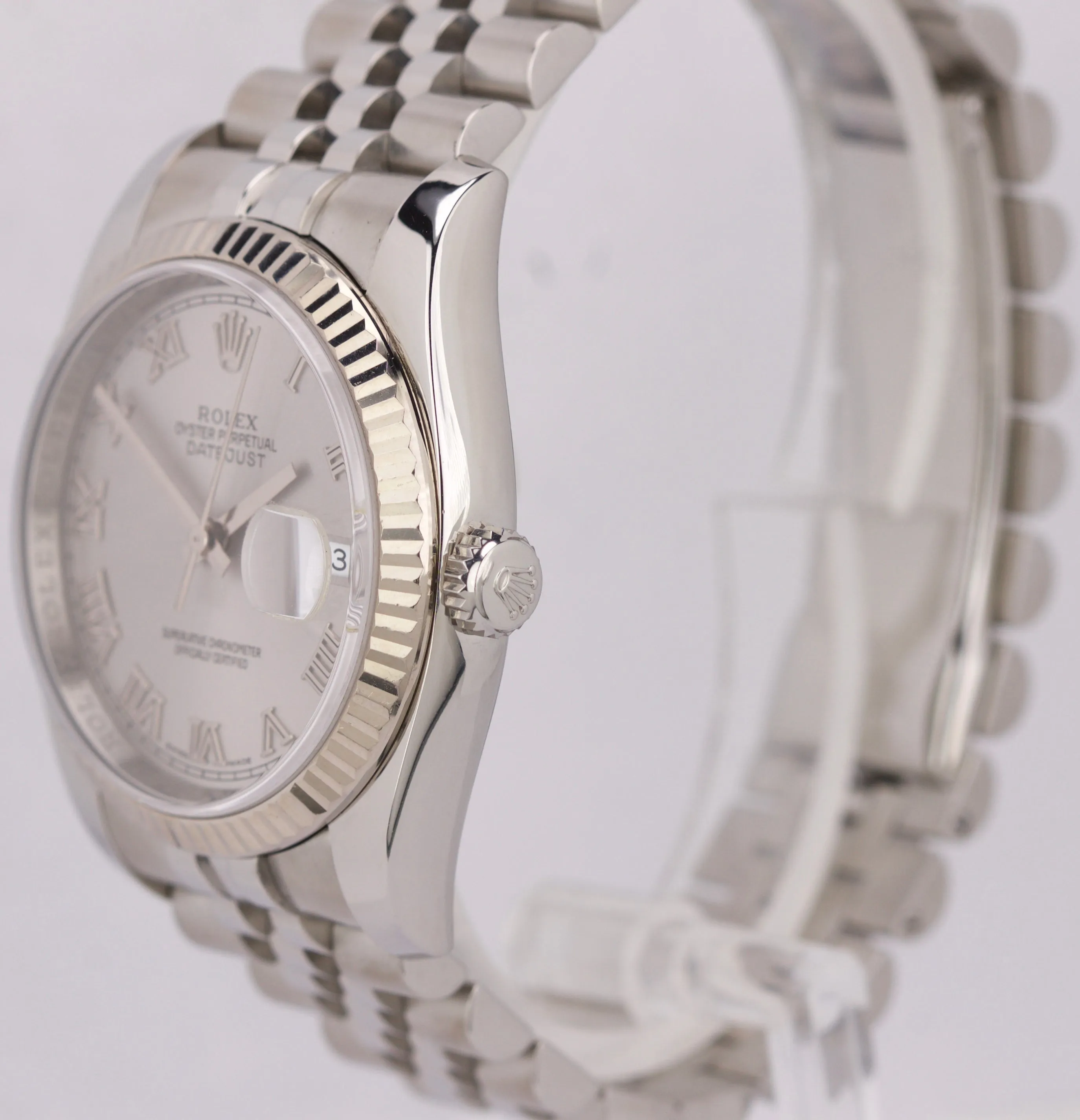2010 ENGRAVED Rolex DateJust 116234 Silver Roman 36mm Steel Jubilee Date Watch