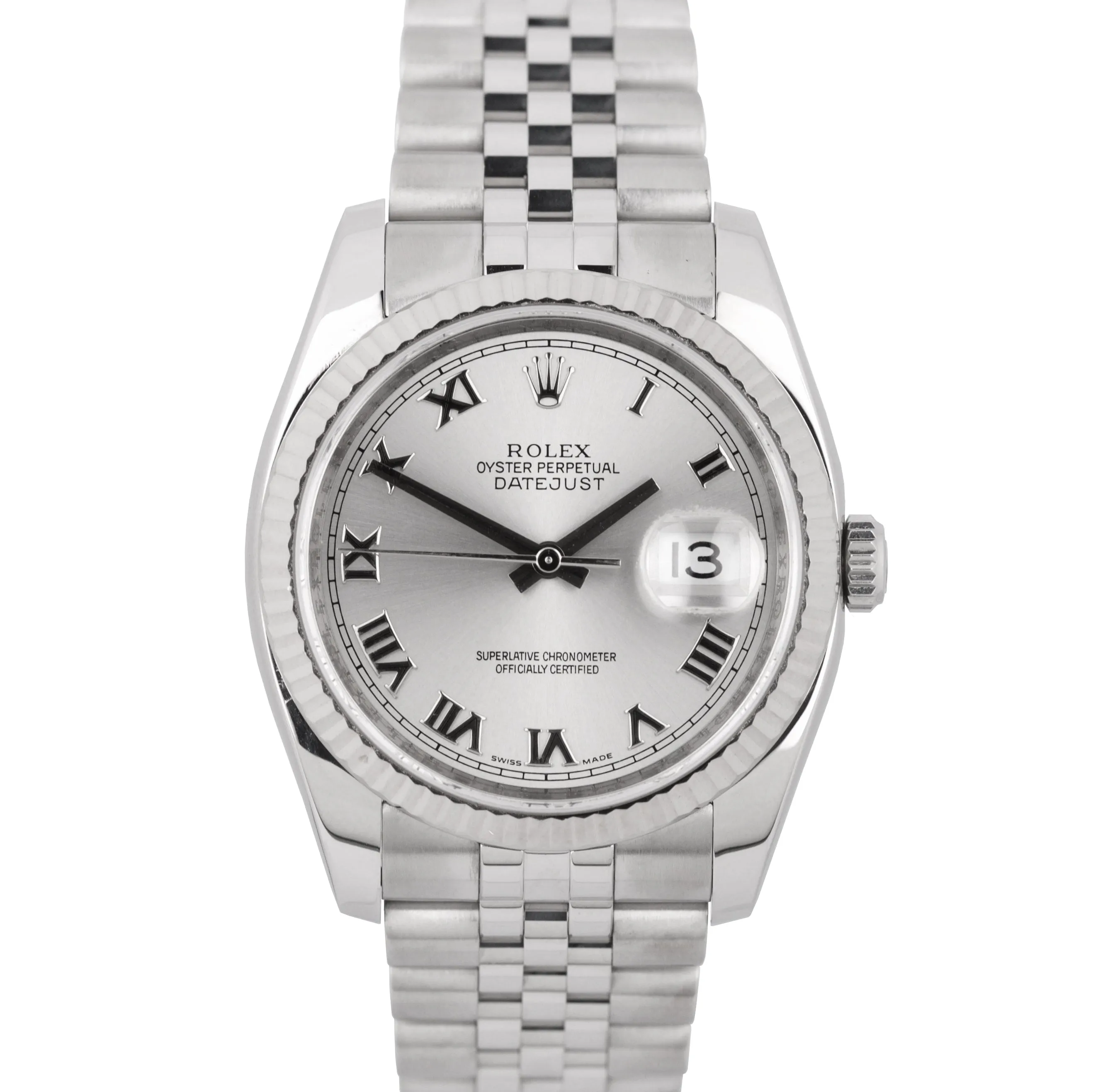 2010 ENGRAVED Rolex DateJust 116234 Silver Roman 36mm Steel Jubilee Date Watch