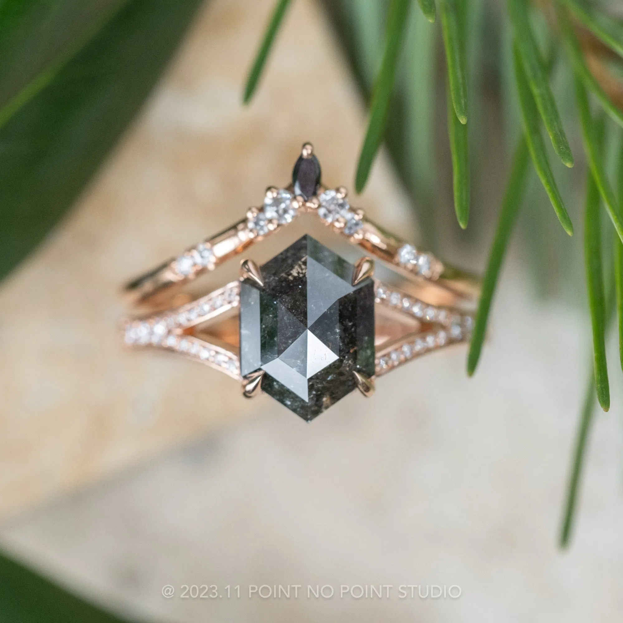 2.02 Carat Black Speckled Hexagon Diamond Engagement Ring, River Setting, 14k Rose Gold