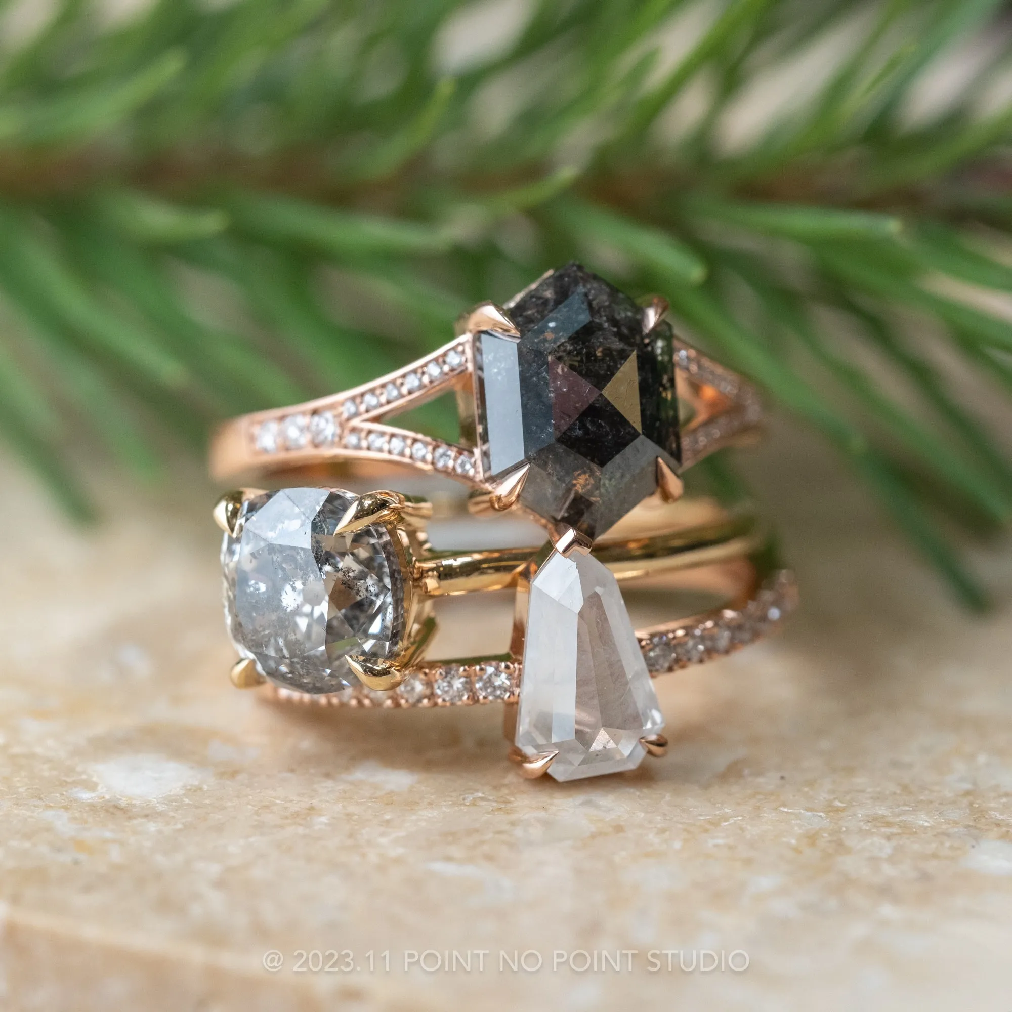 2.02 Carat Black Speckled Hexagon Diamond Engagement Ring, River Setting, 14k Rose Gold