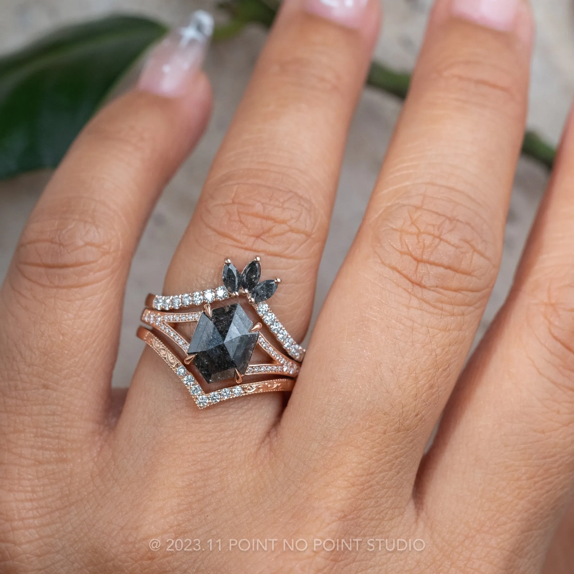 2.02 Carat Black Speckled Hexagon Diamond Engagement Ring, River Setting, 14k Rose Gold