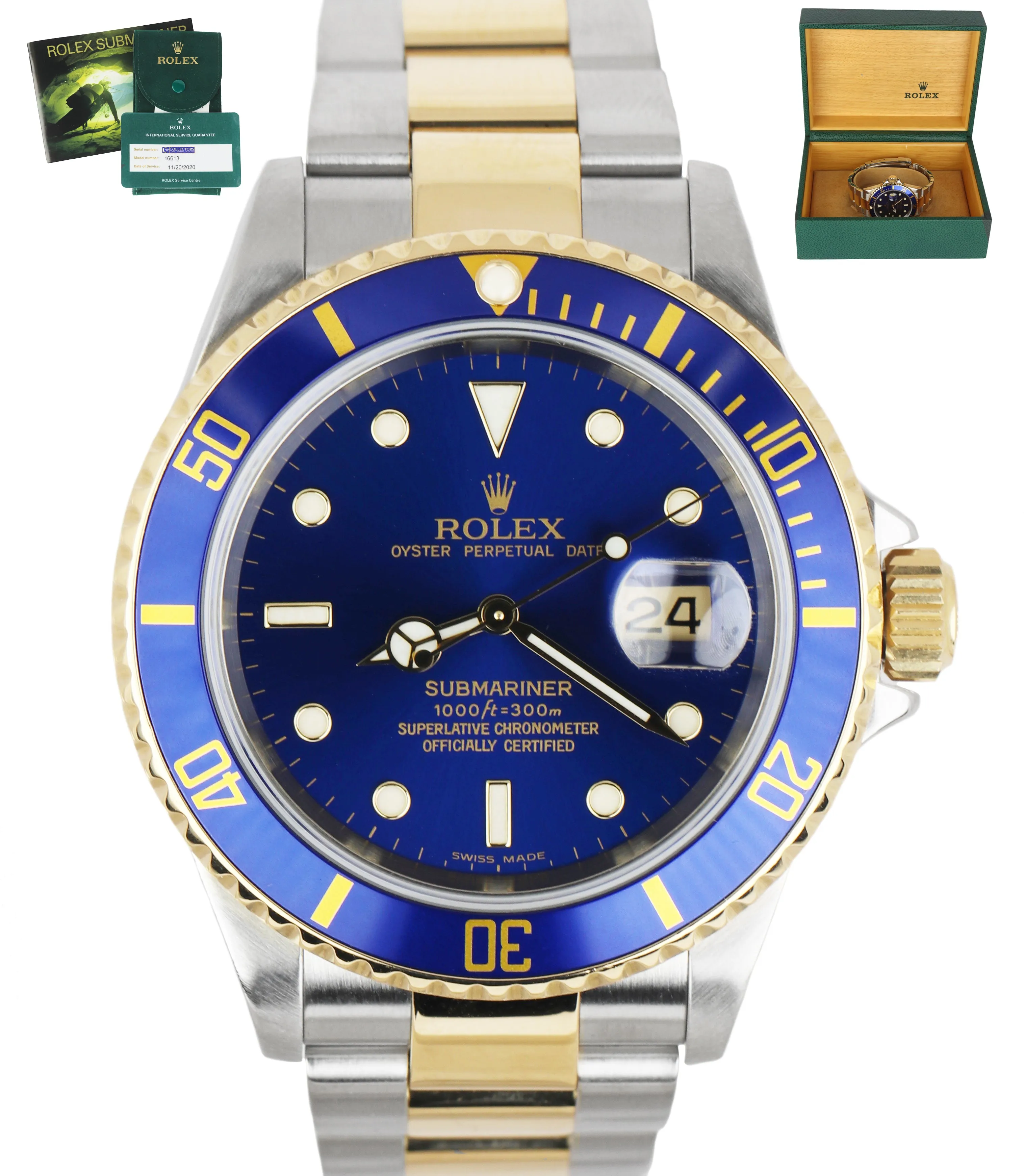 2020 ROLEX SERVICE RSC Submariner Date Blue 16613 Two-Tone 18K Gold No-Holes SEL