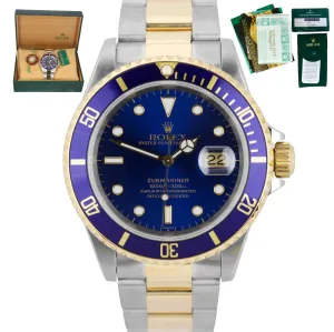 2020 ROLEX SERVICE Submariner SWISS ONLY Date Blue 16613 Two-Tone 18K Gold 1999