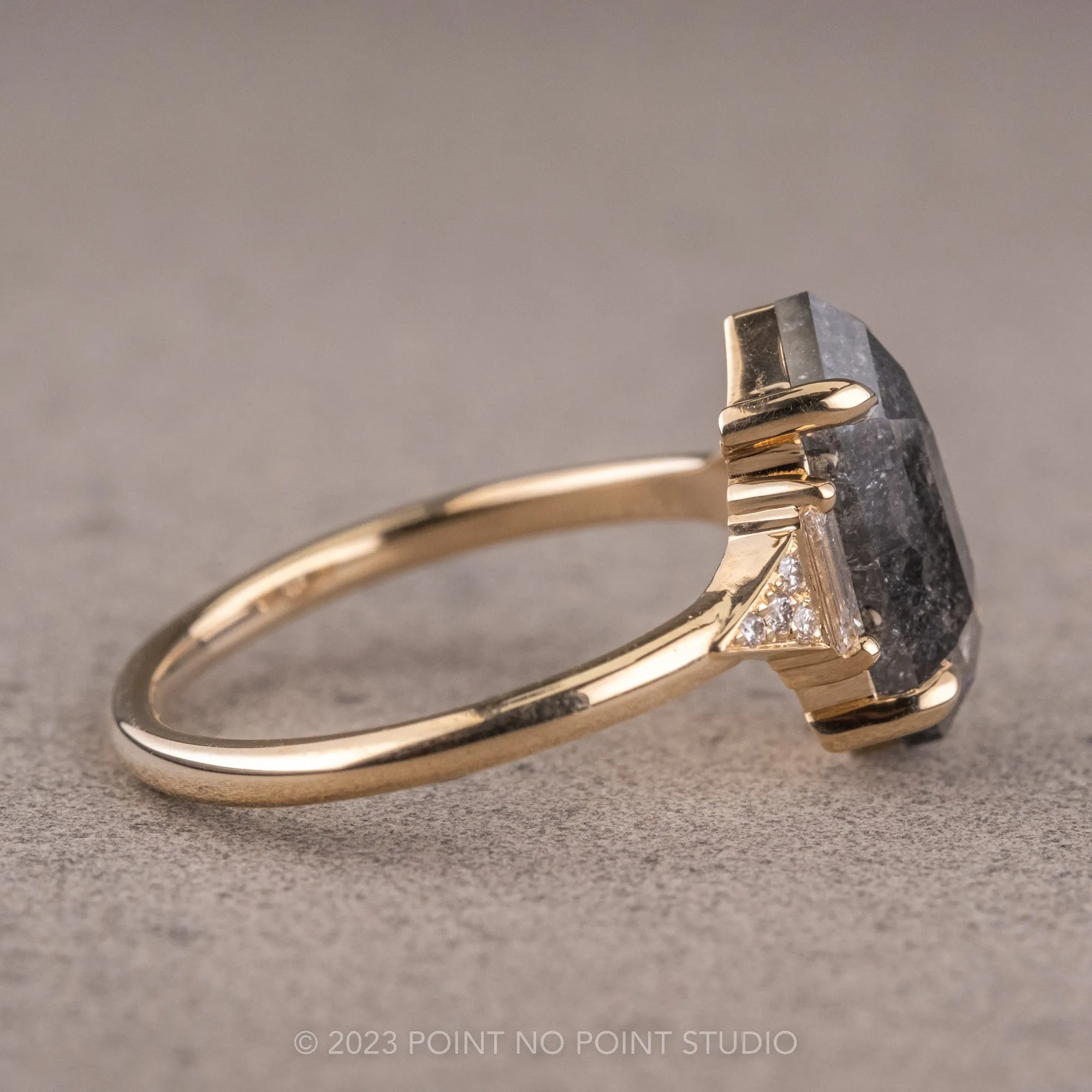 2.09 Carat Salt and Pepper Hexagon Diamond Engagement Ring, Azalea Setting, 14K Yellow Gold