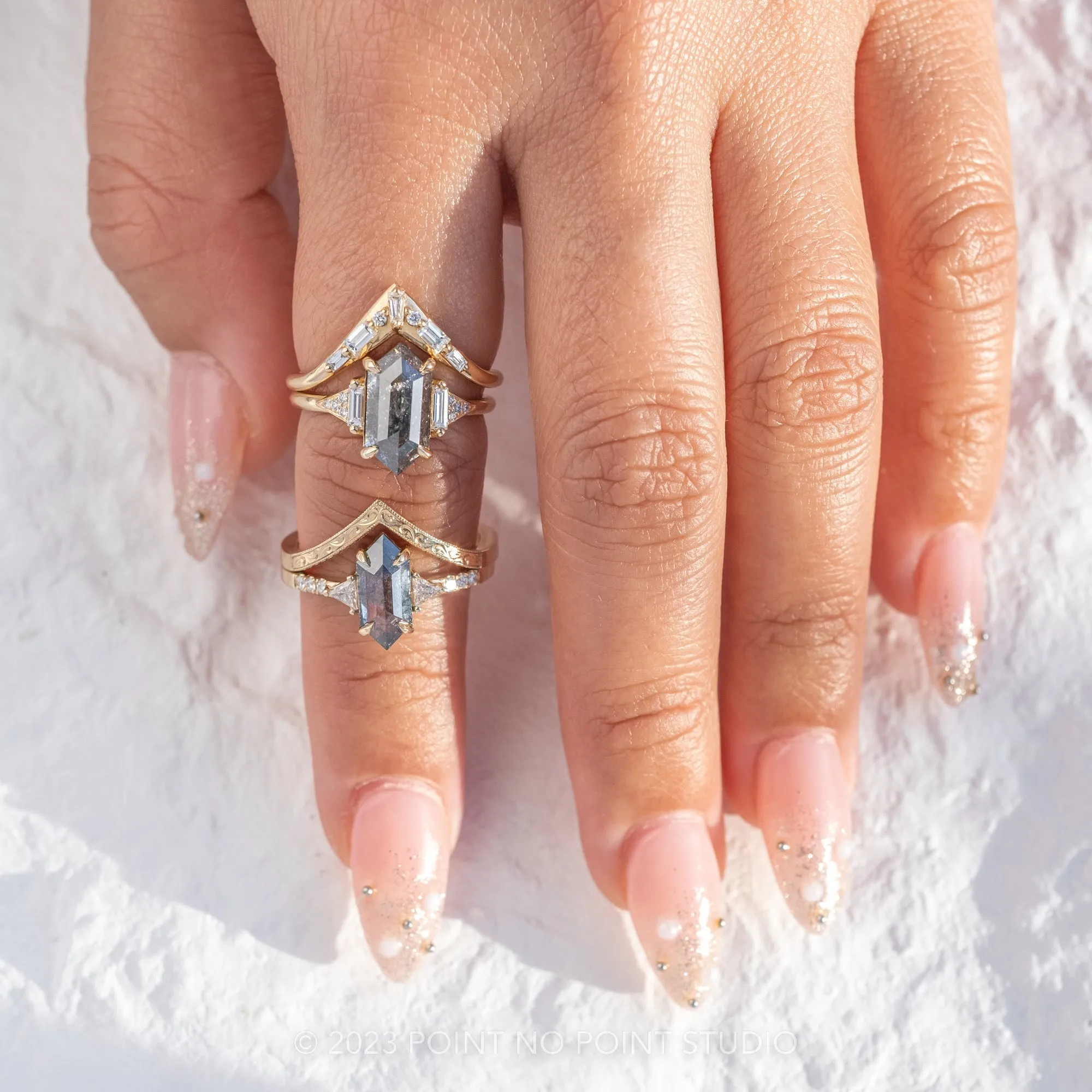 2.09 Carat Salt and Pepper Hexagon Diamond Engagement Ring, Azalea Setting, 14K Yellow Gold