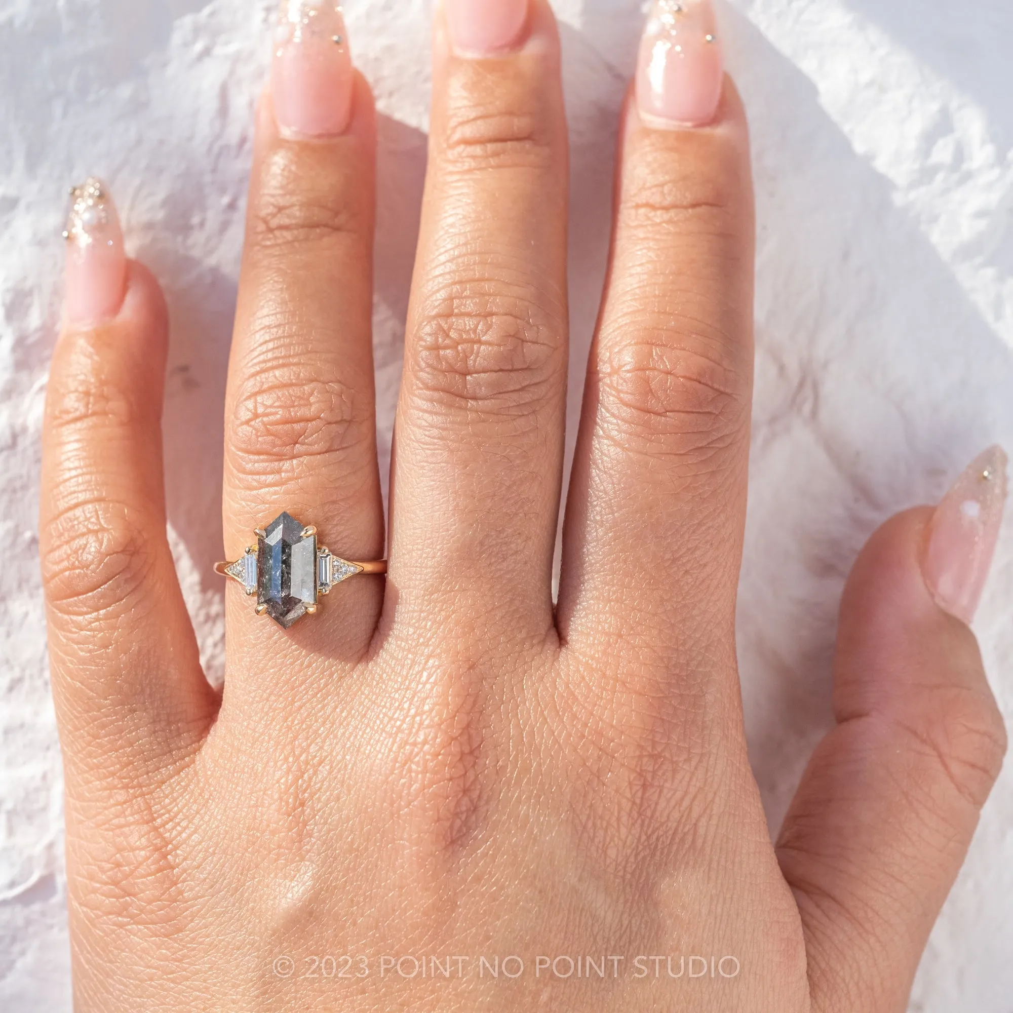 2.09 Carat Salt and Pepper Hexagon Diamond Engagement Ring, Azalea Setting, 14K Yellow Gold