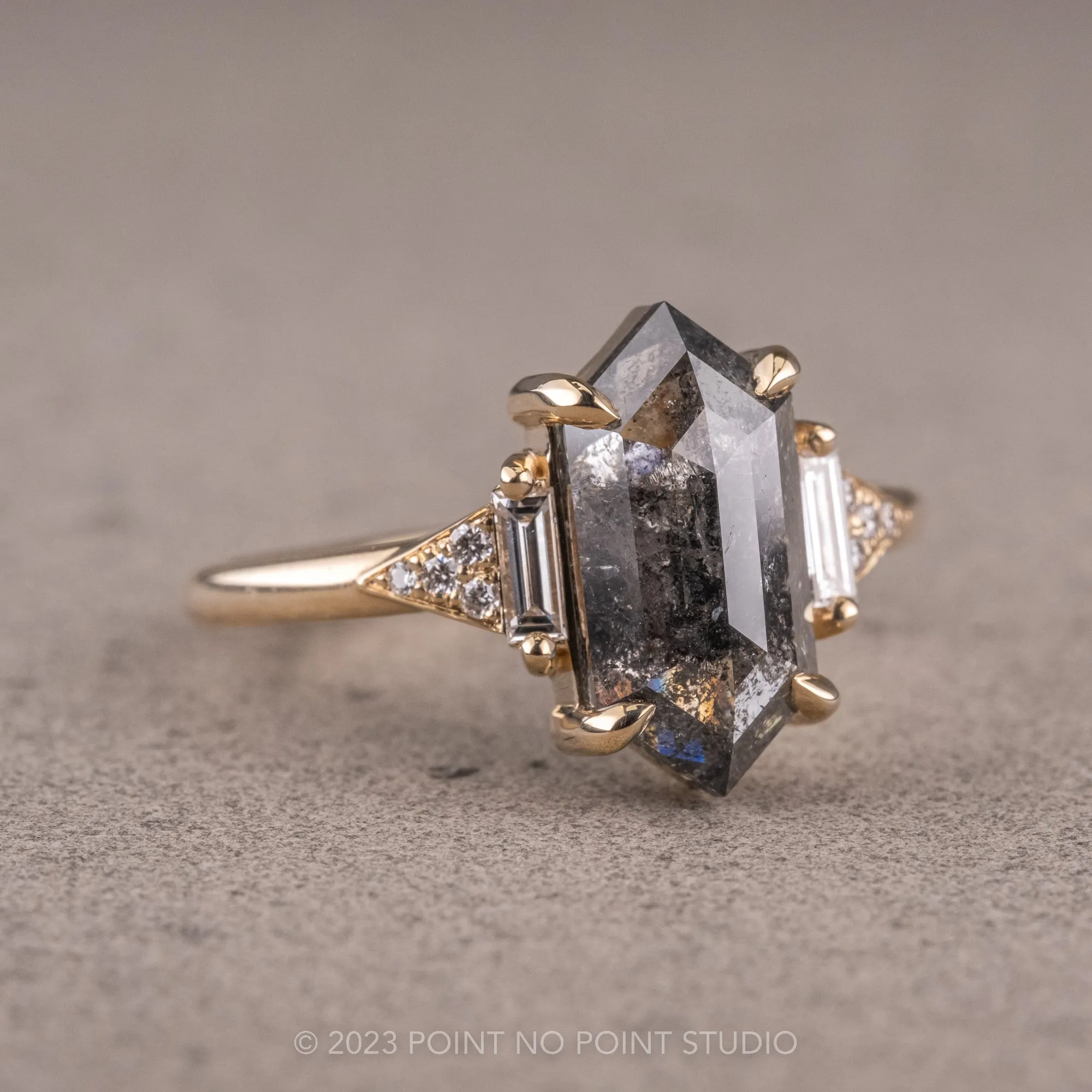 2.09 Carat Salt and Pepper Hexagon Diamond Engagement Ring, Azalea Setting, 14K Yellow Gold