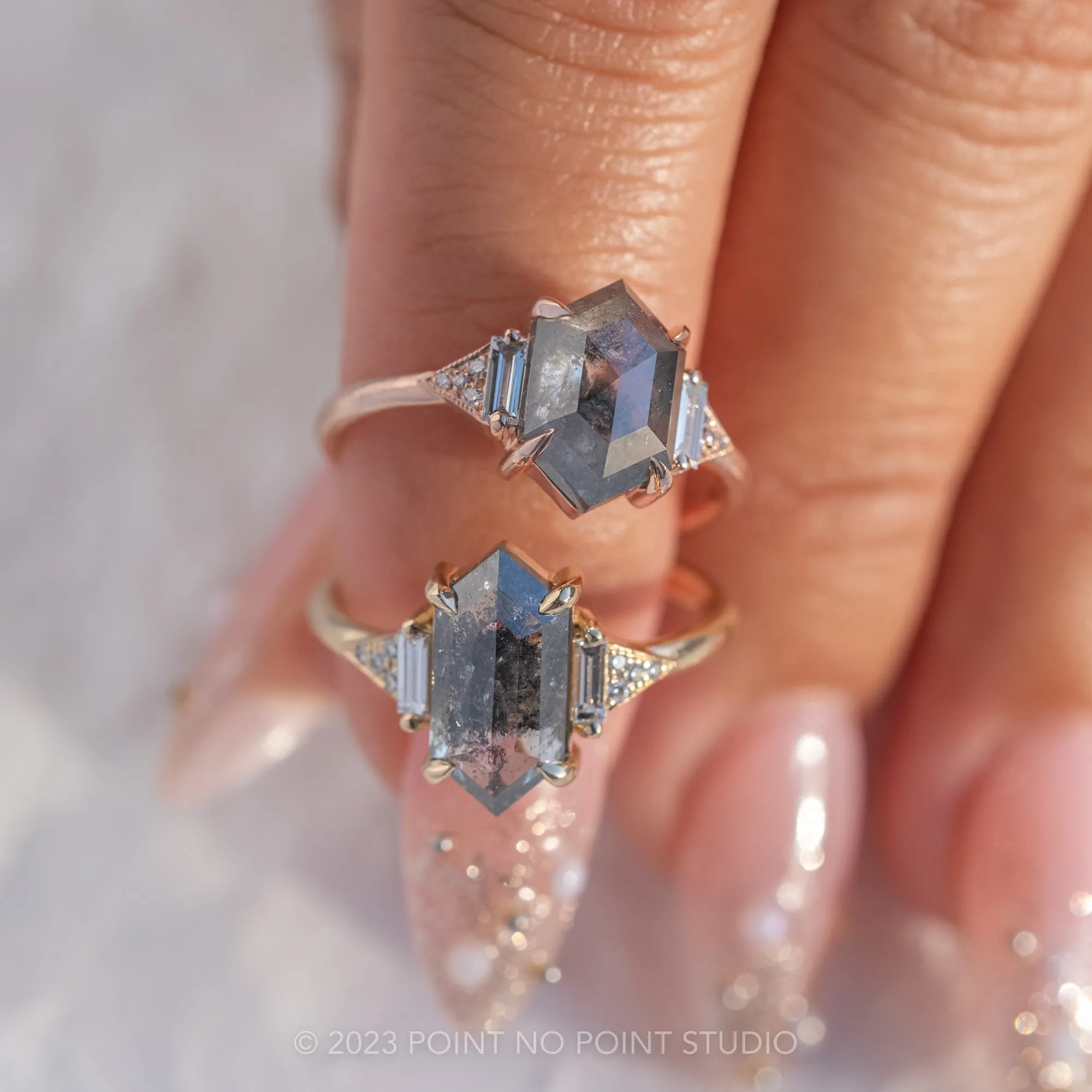 2.09 Carat Salt and Pepper Hexagon Diamond Engagement Ring, Azalea Setting, 14K Yellow Gold