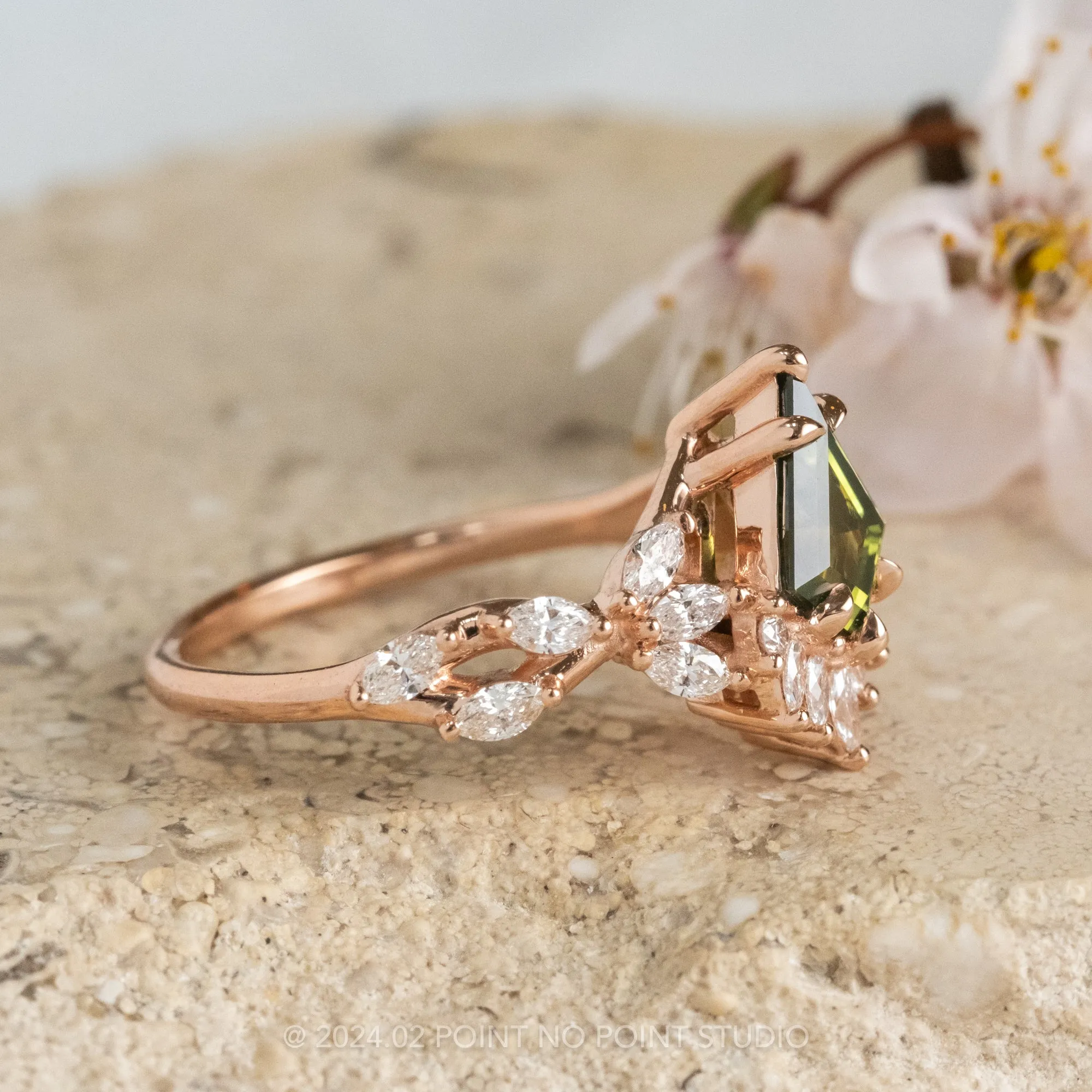 2.10 Carat Green Kite Sapphire and Diamond Engagement Ring, Quinnie Setting, 14k Rose Gold