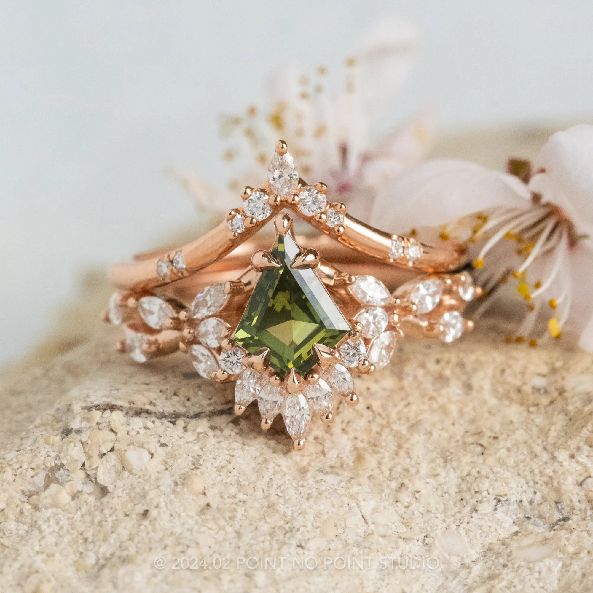 2.10 Carat Green Kite Sapphire and Diamond Engagement Ring, Quinnie Setting, 14k Rose Gold