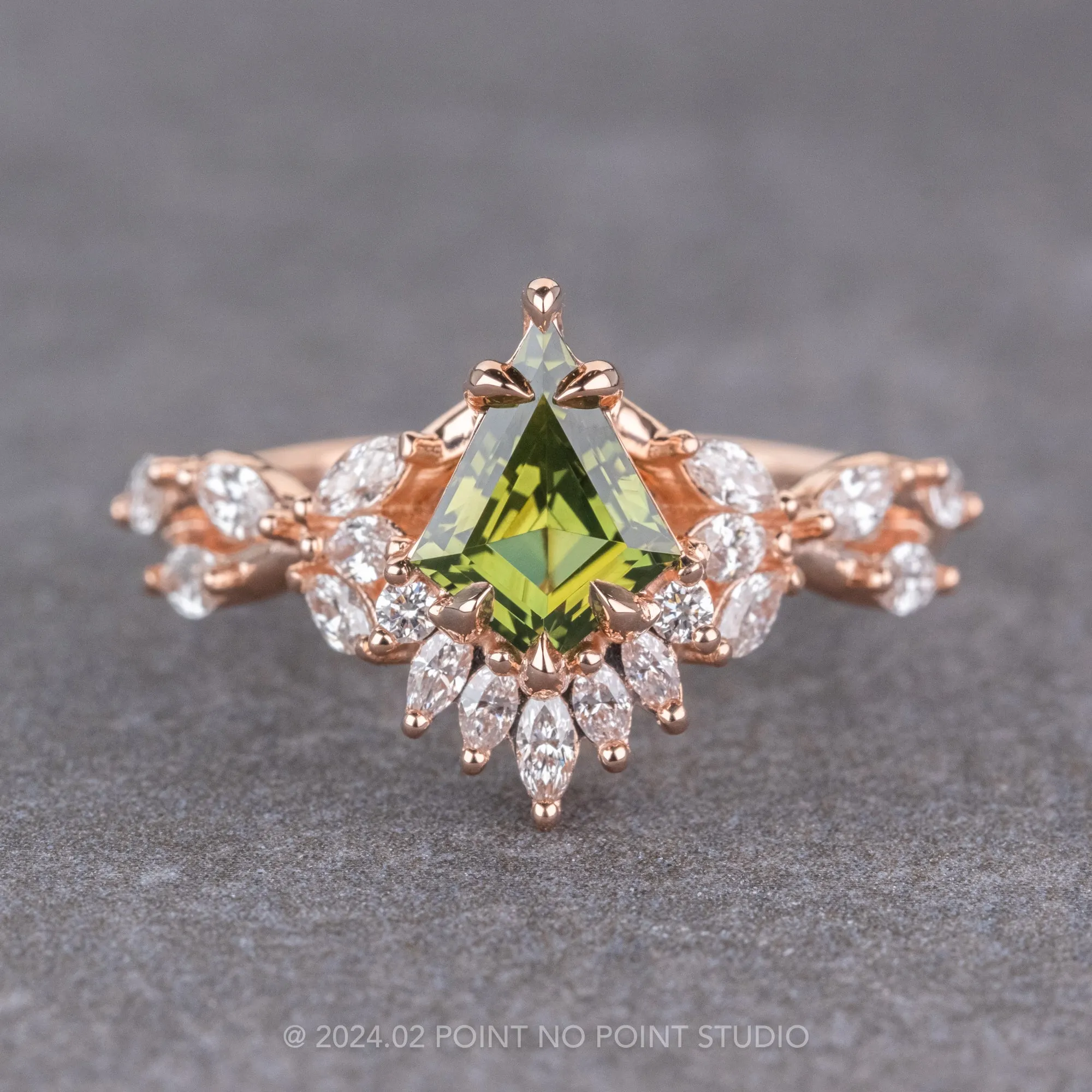 2.10 Carat Green Kite Sapphire and Diamond Engagement Ring, Quinnie Setting, 14k Rose Gold