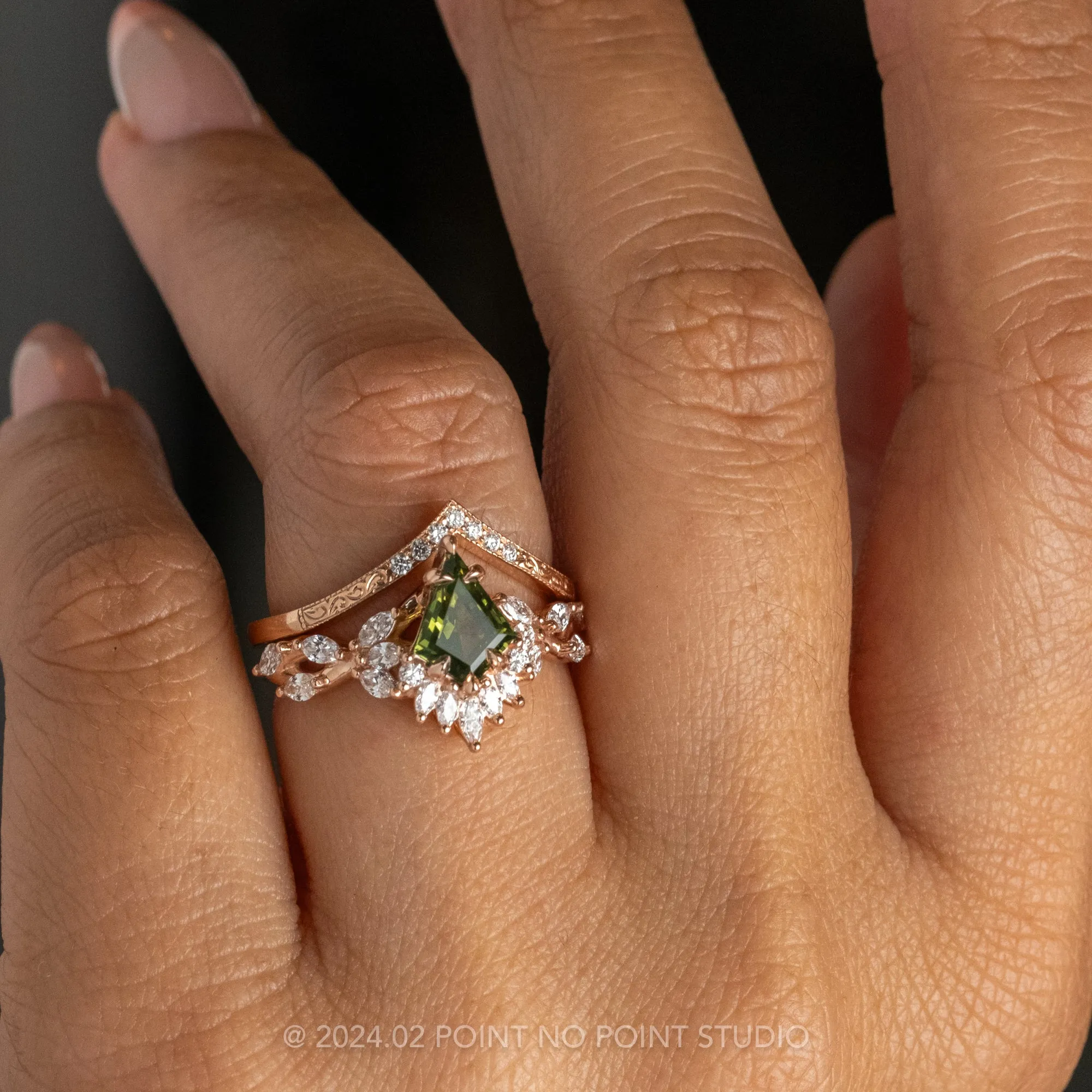 2.10 Carat Green Kite Sapphire and Diamond Engagement Ring, Quinnie Setting, 14k Rose Gold