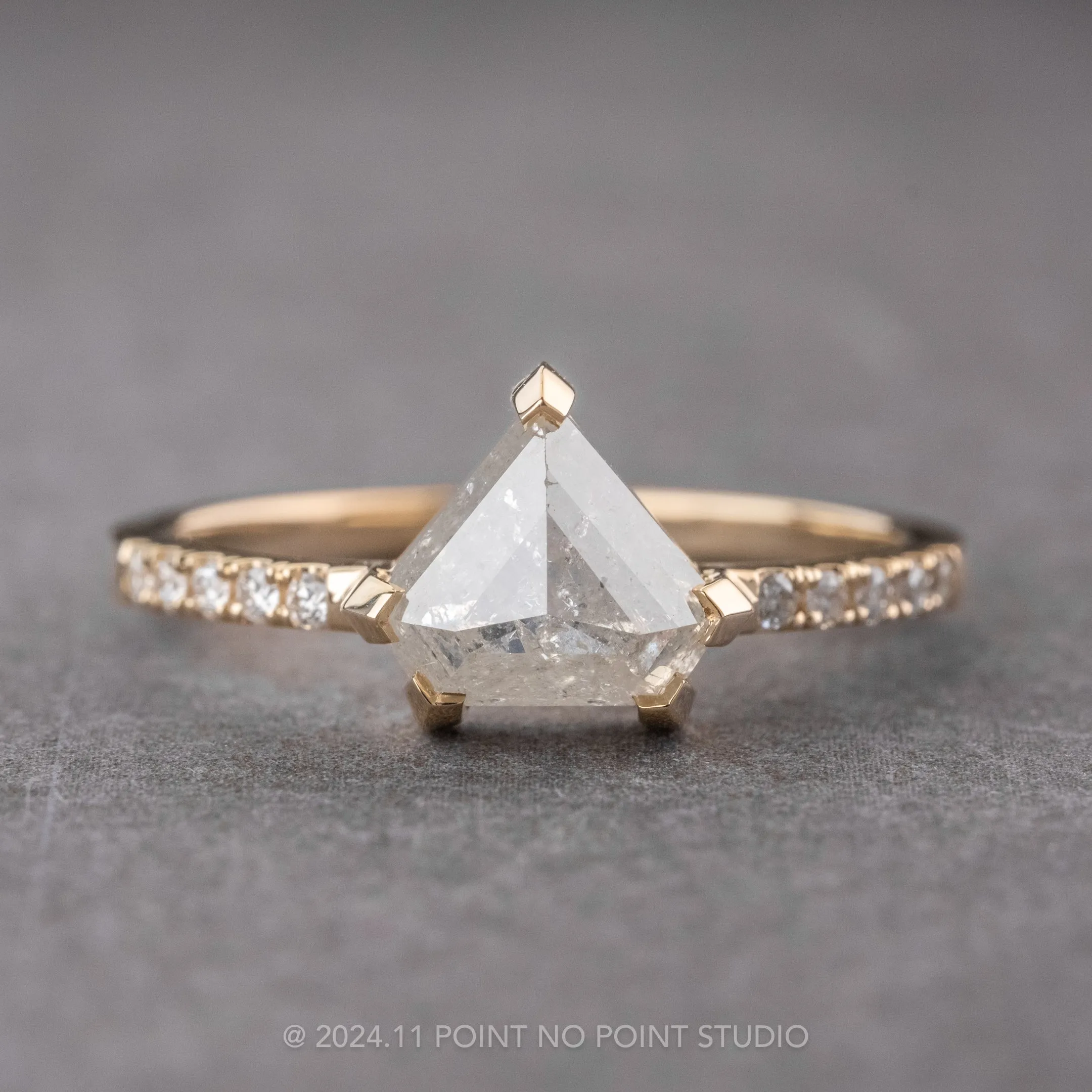2.10 Carat Icy White Shield Diamond Engagement Ring, Sirena Setting, 14K Yellow Gold