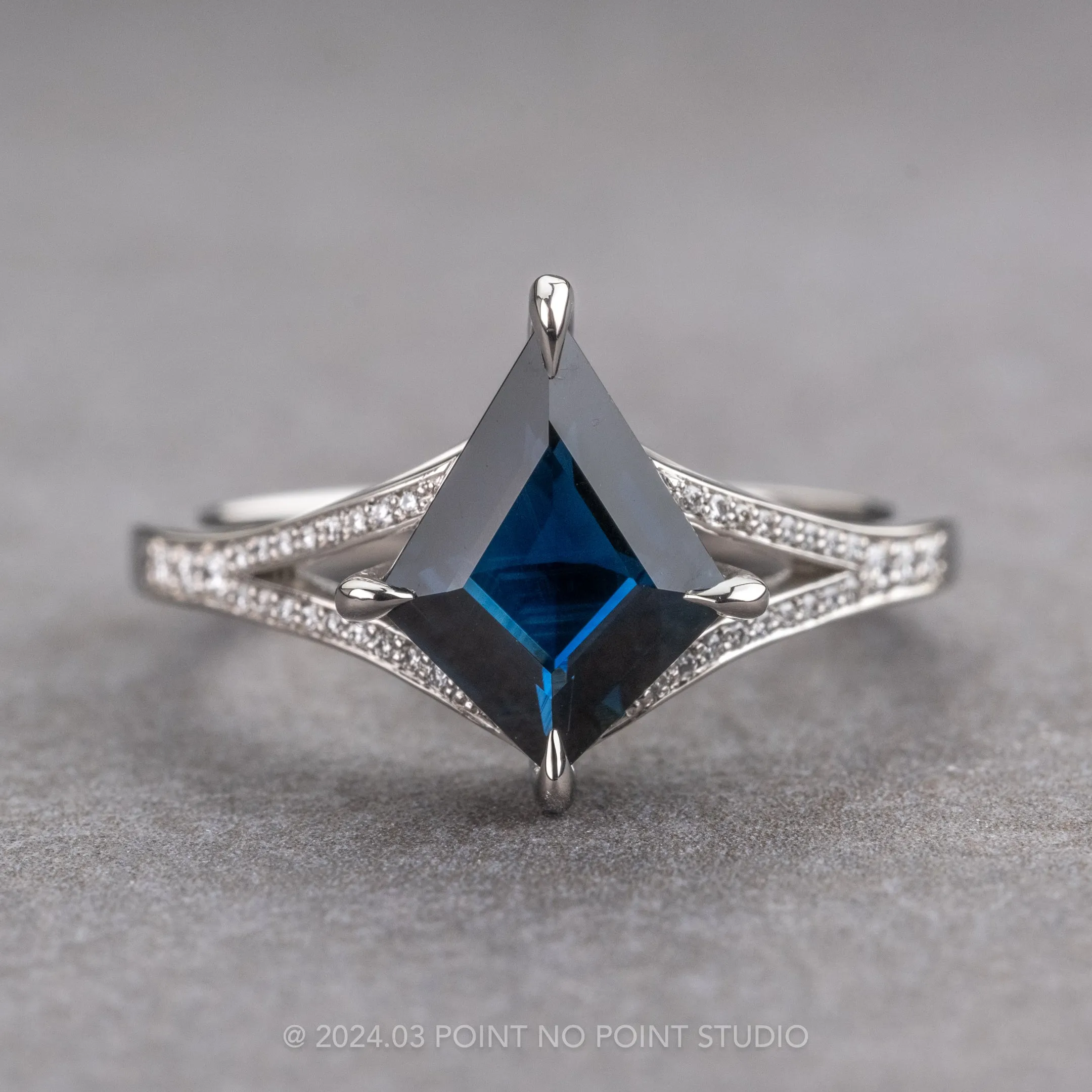 2.12 Carat Blue Kite Sapphire and Diamond Engagement Ring, River Setting, Platinum