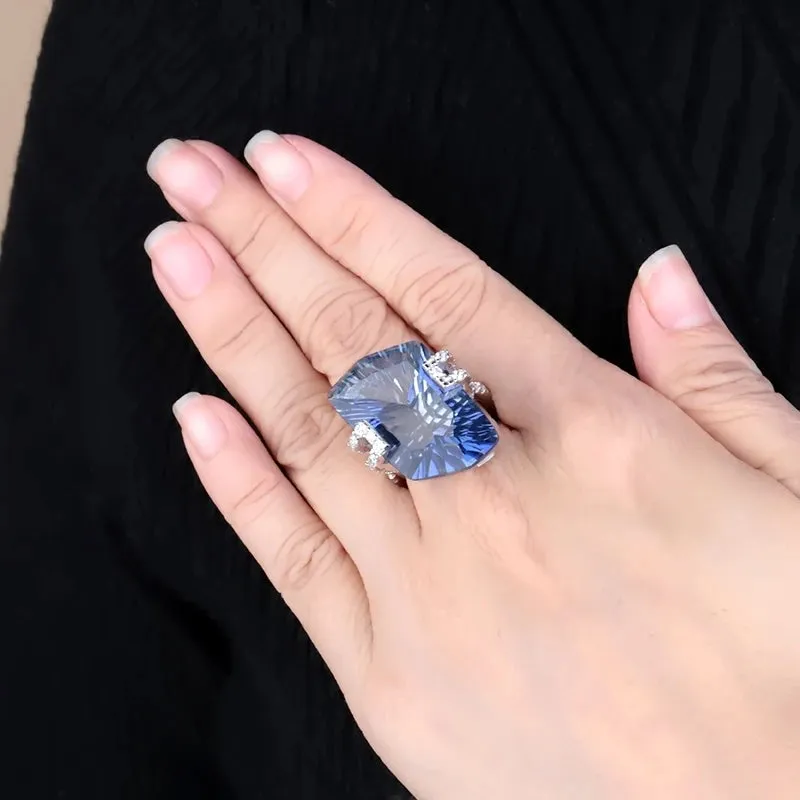 21.20Ct Natural Iolite Blue Mystic Quartz Cocktail Ring 925 Sterling Silver