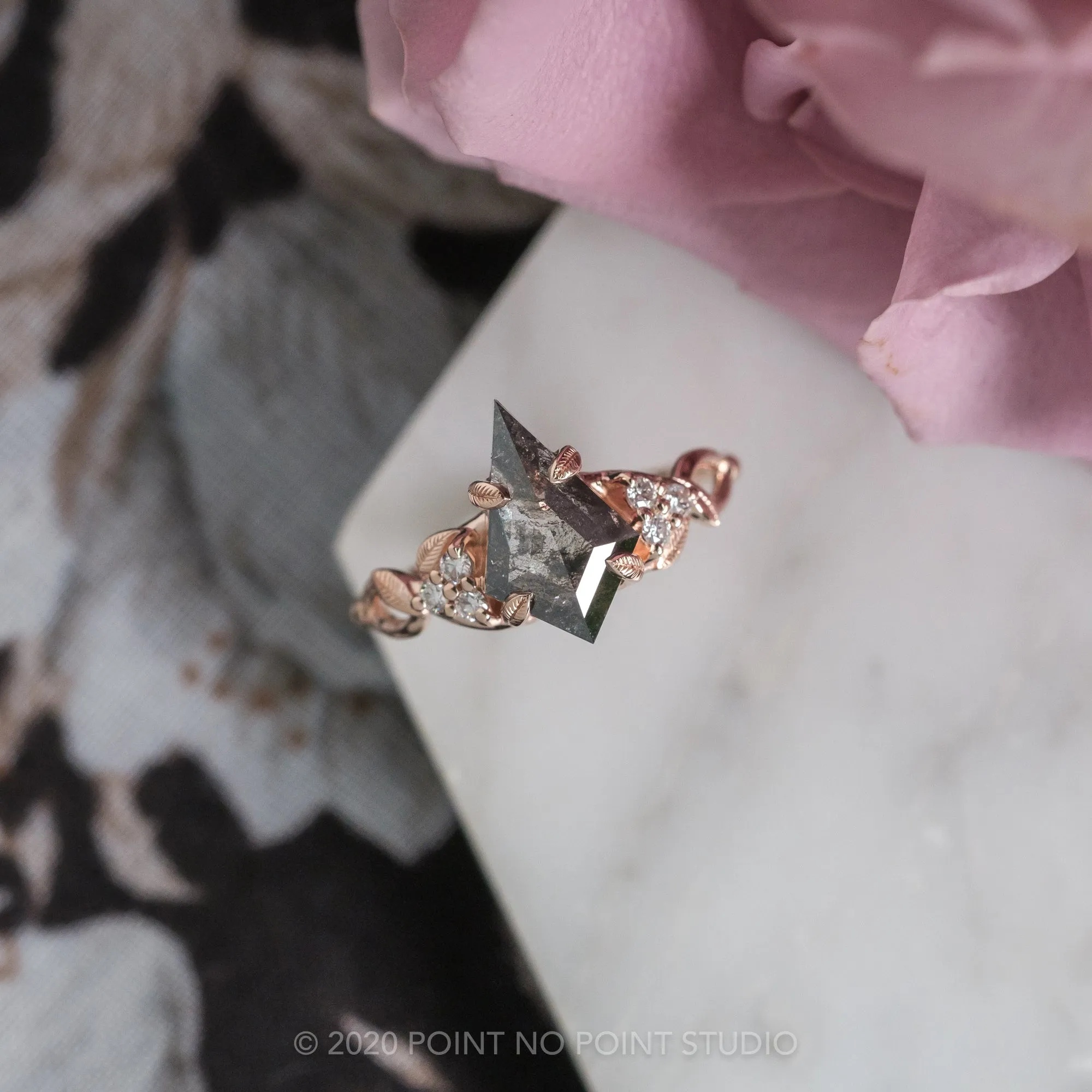 2.16 Carat Black Speckled Kite Diamond Engagement Ring, Quinn Setting, 14K Rose Gold