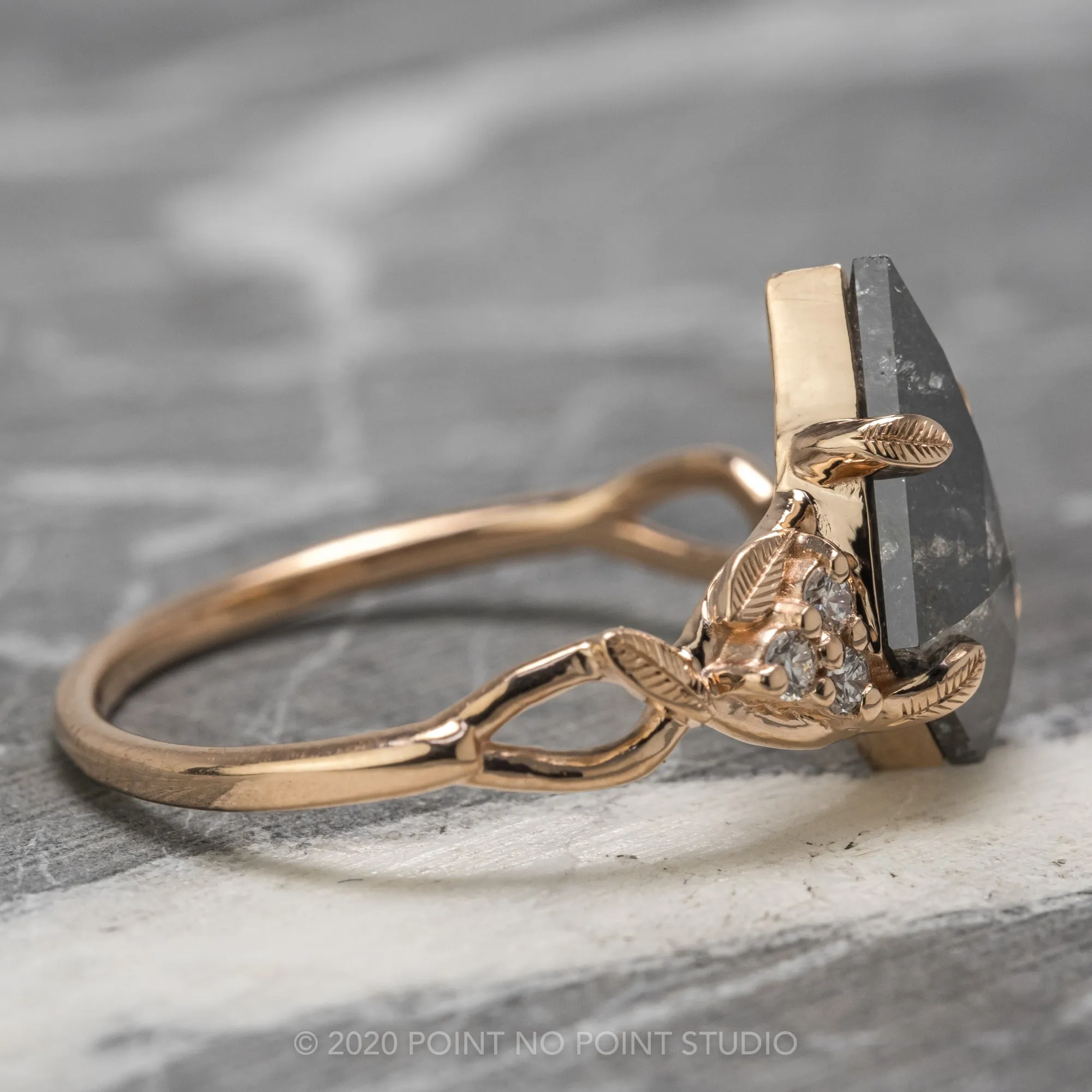 2.16 Carat Black Speckled Kite Diamond Engagement Ring, Quinn Setting, 14K Rose Gold