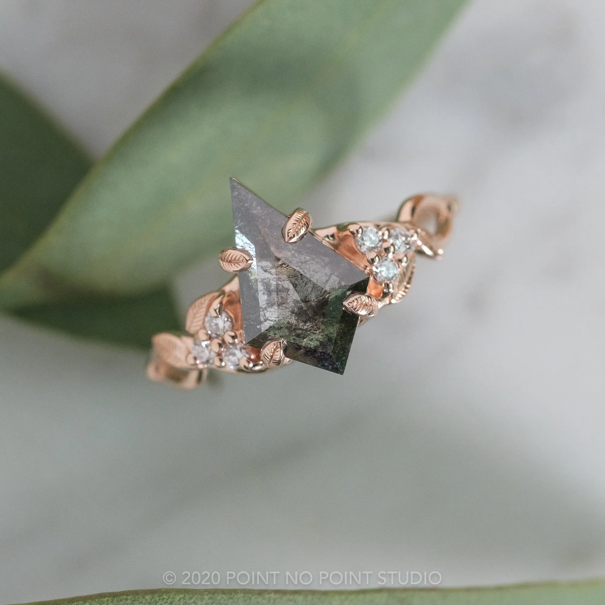 2.16 Carat Black Speckled Kite Diamond Engagement Ring, Quinn Setting, 14K Rose Gold