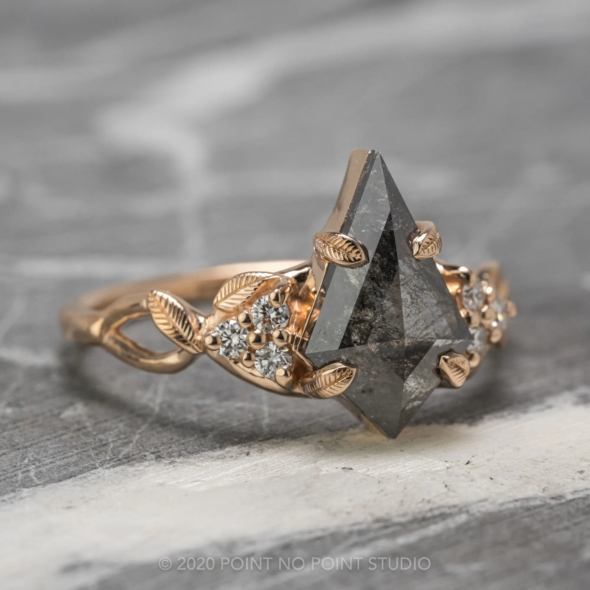 2.16 Carat Black Speckled Kite Diamond Engagement Ring, Quinn Setting, 14K Rose Gold