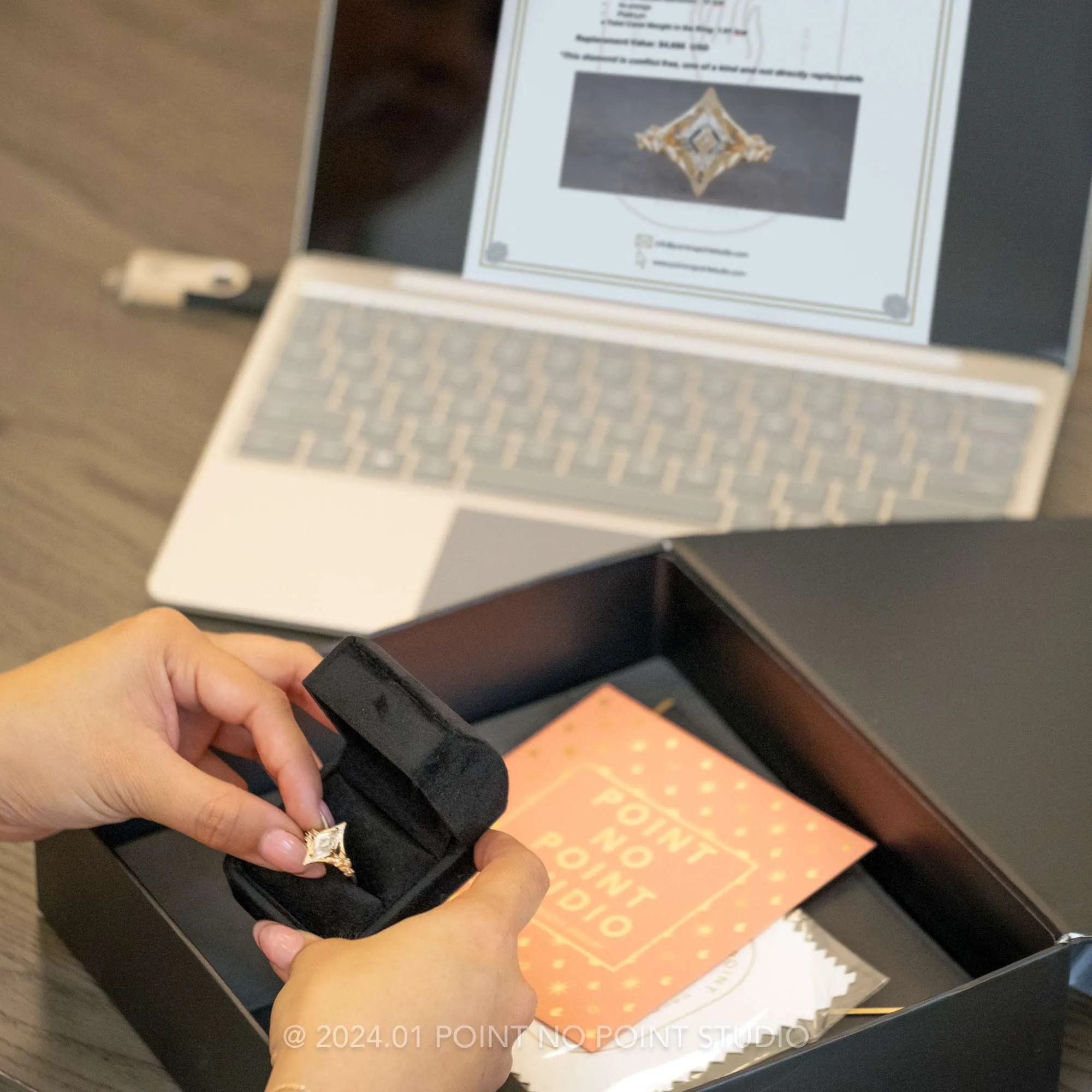2.16 Carat Black Speckled Kite Diamond Engagement Ring, Quinn Setting, 14K Rose Gold