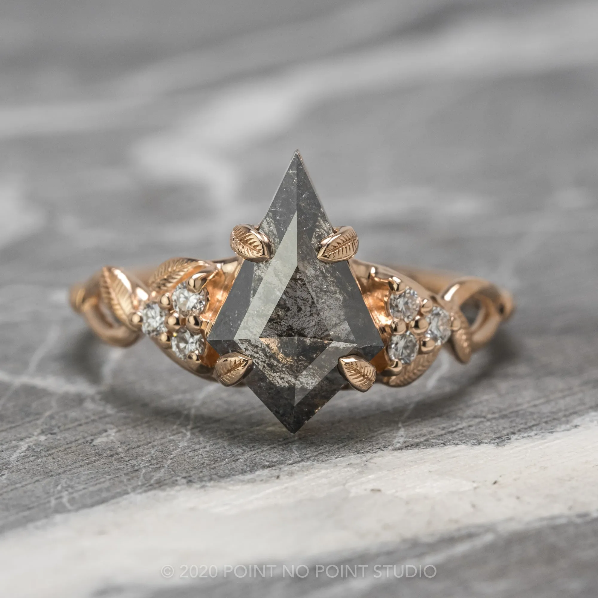 2.16 Carat Black Speckled Kite Diamond Engagement Ring, Quinn Setting, 14K Rose Gold