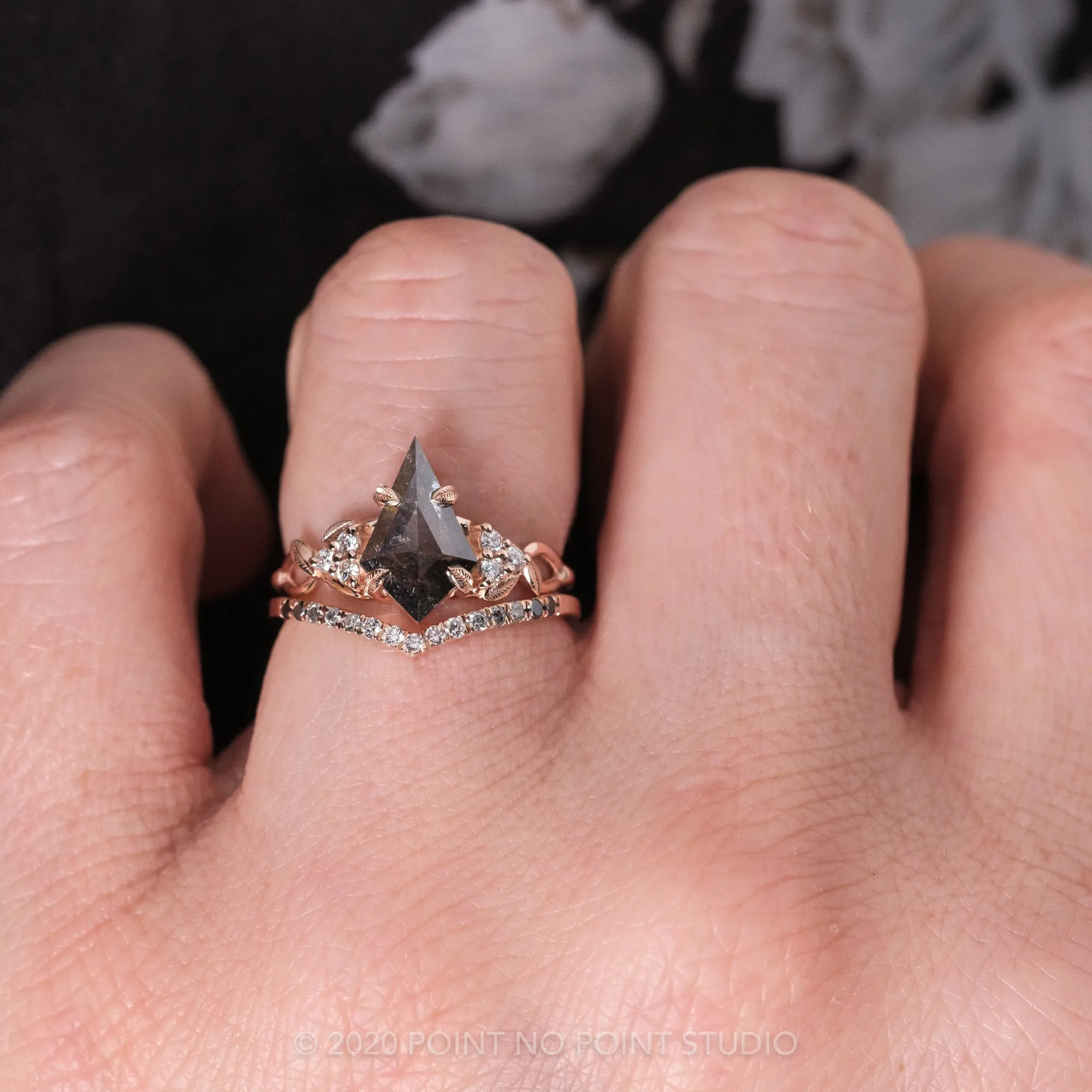 2.16 Carat Black Speckled Kite Diamond Engagement Ring, Quinn Setting, 14K Rose Gold