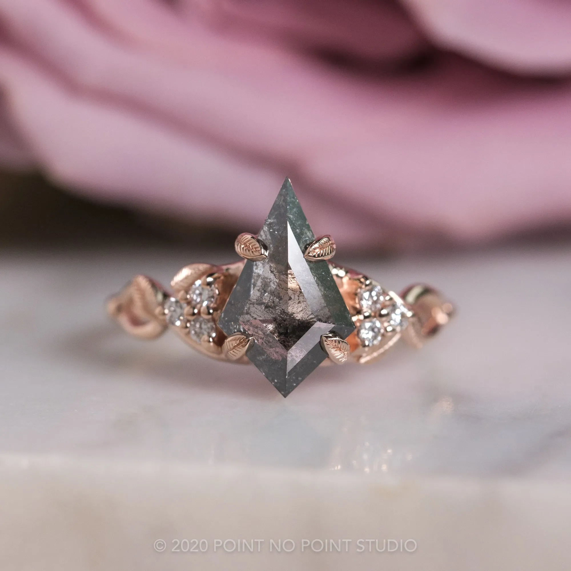 2.16 Carat Black Speckled Kite Diamond Engagement Ring, Quinn Setting, 14K Rose Gold