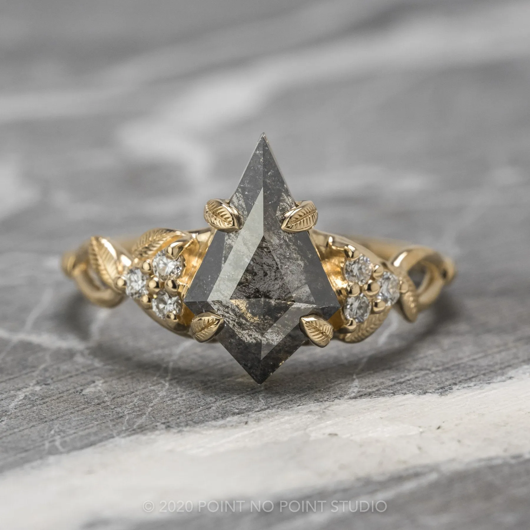 2.16 Carat Black Speckled Kite Diamond Engagement Ring, Quinn Setting, 14K Yellow Gold