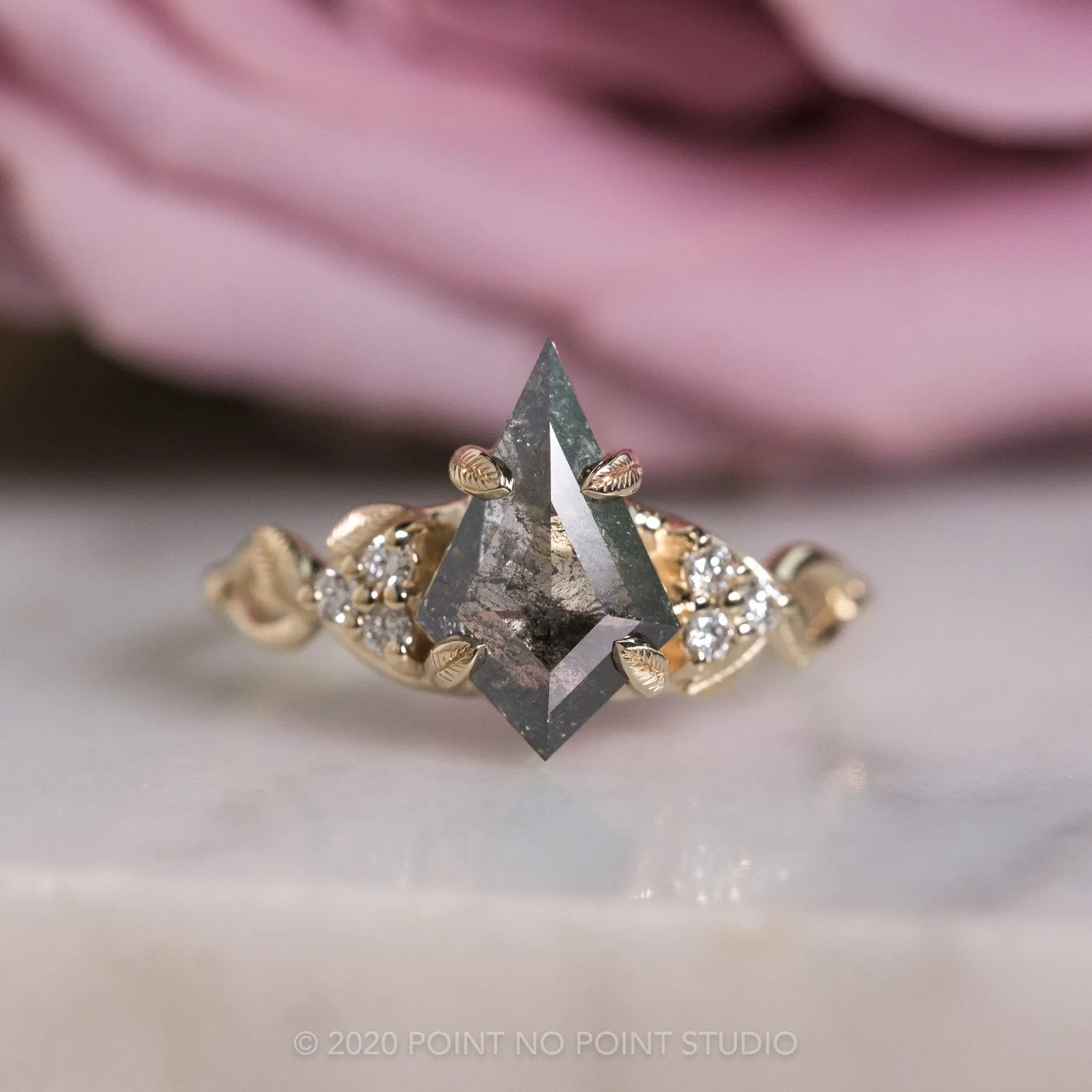 2.16 Carat Black Speckled Kite Diamond Engagement Ring, Quinn Setting, 14K Yellow Gold