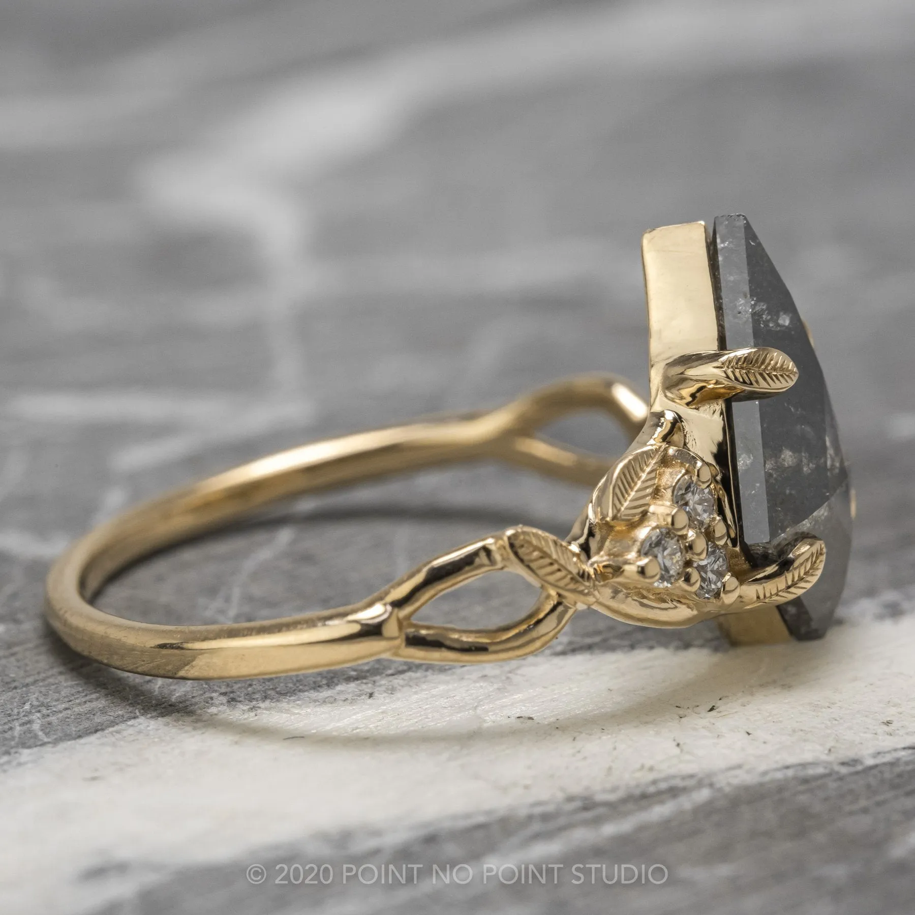 2.16 Carat Black Speckled Kite Diamond Engagement Ring, Quinn Setting, 14K Yellow Gold