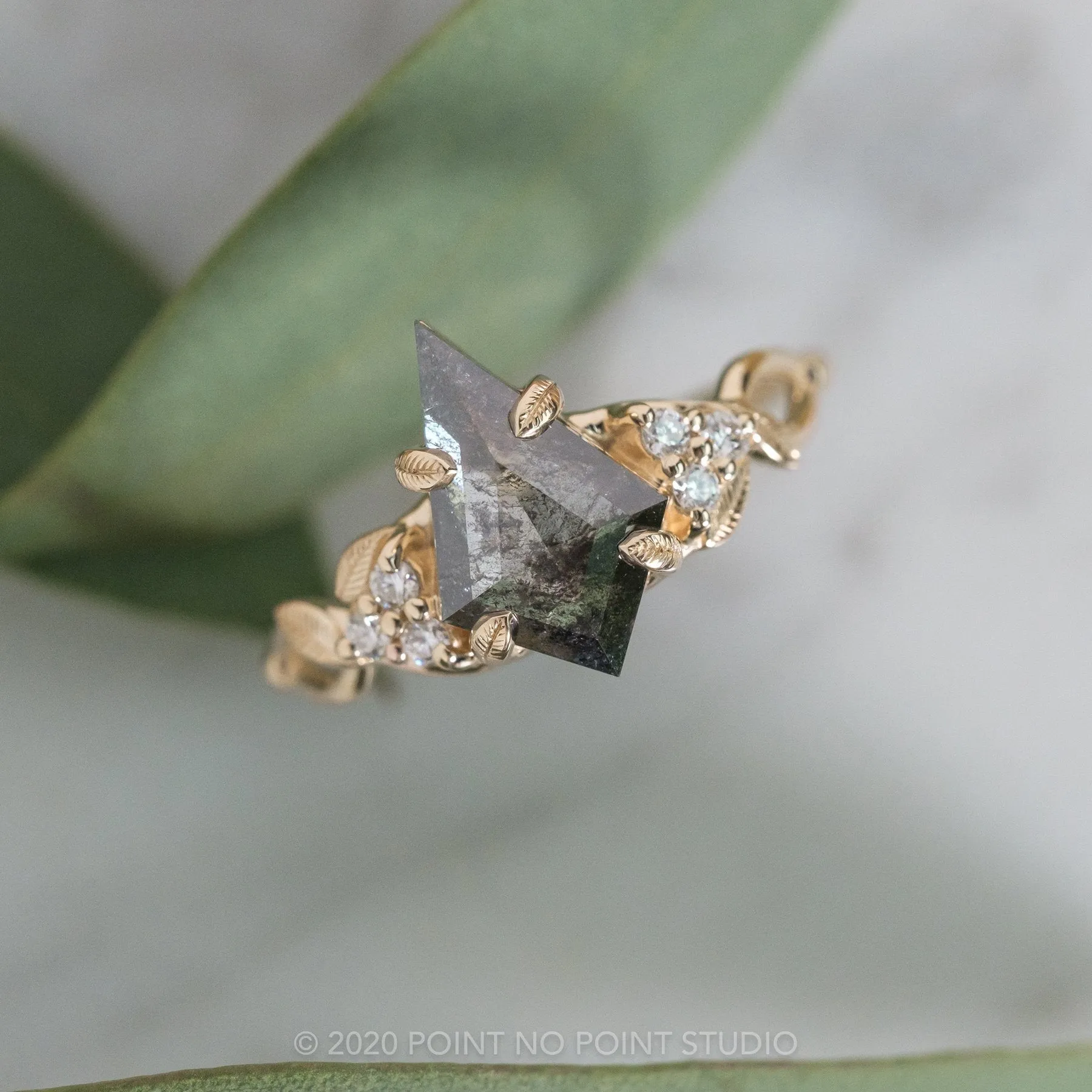 2.16 Carat Black Speckled Kite Diamond Engagement Ring, Quinn Setting, 14K Yellow Gold