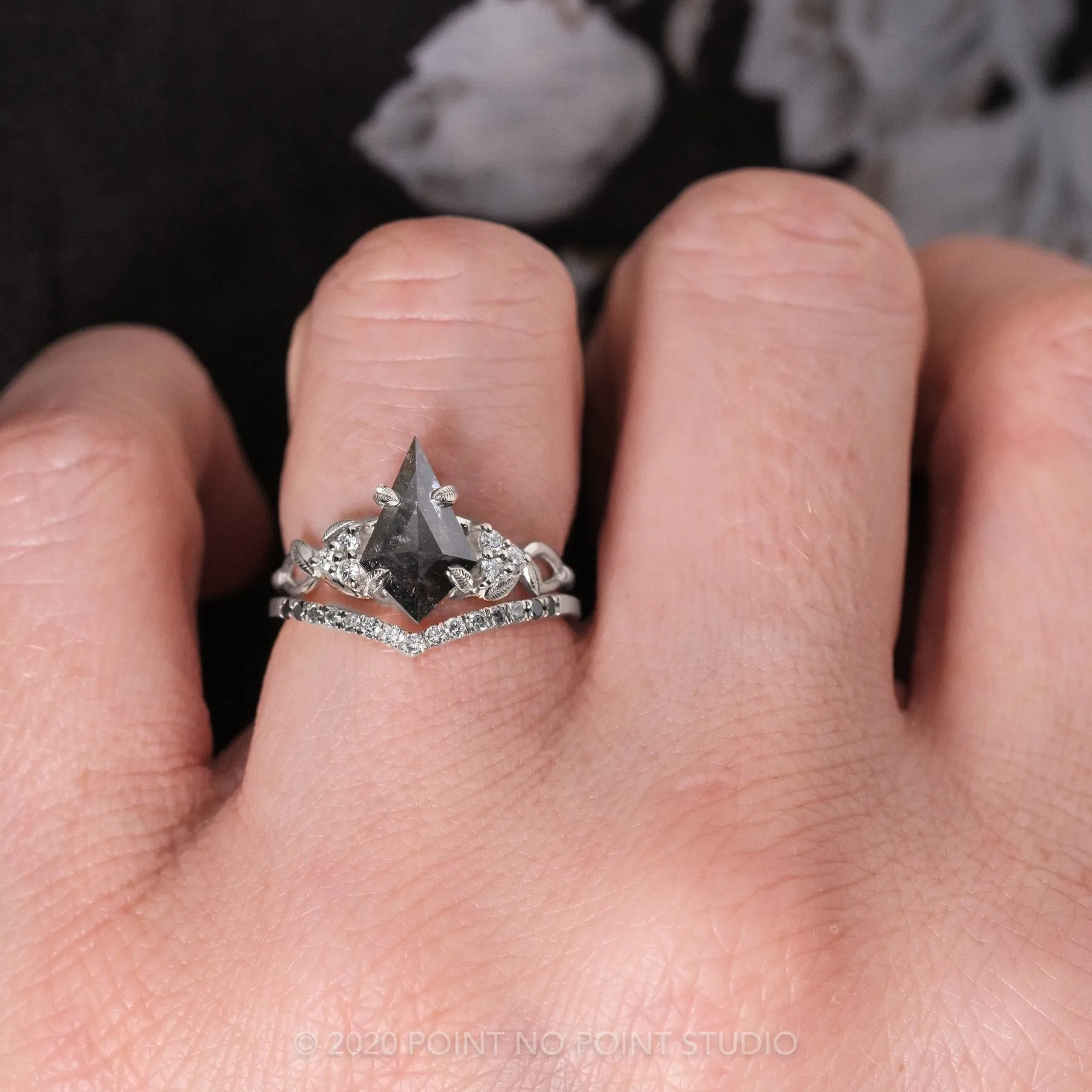 2.16 Carat Black Speckled Kite Diamond Engagement Ring, Quinn Setting, Platinum