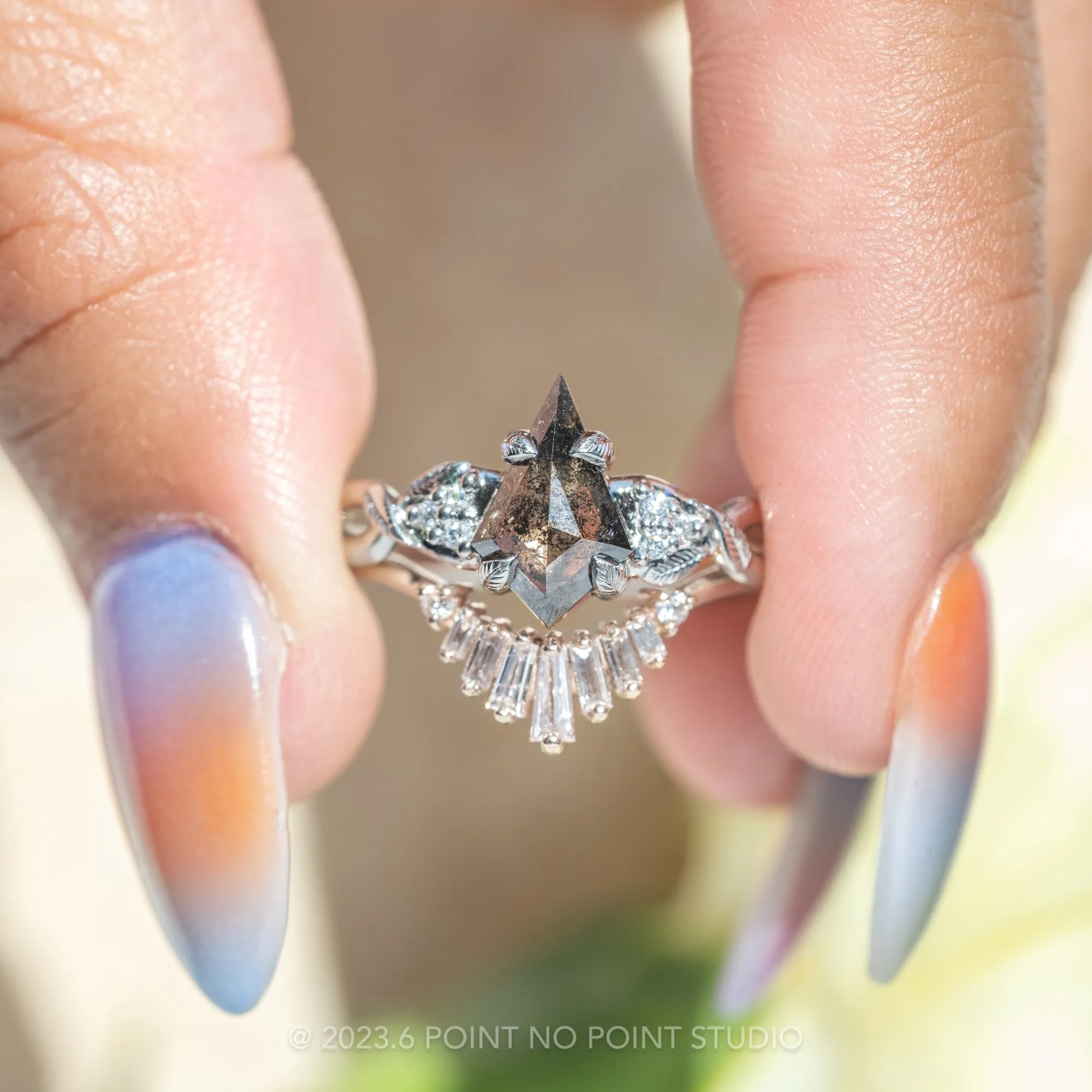 2.16 Carat Black Speckled Kite Diamond Engagement Ring, Quinn Setting, Platinum