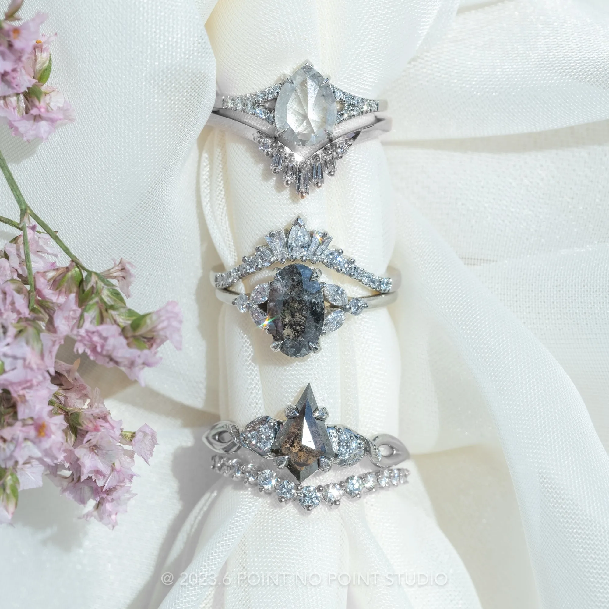 2.16 Carat Black Speckled Kite Diamond Engagement Ring, Quinn Setting, Platinum