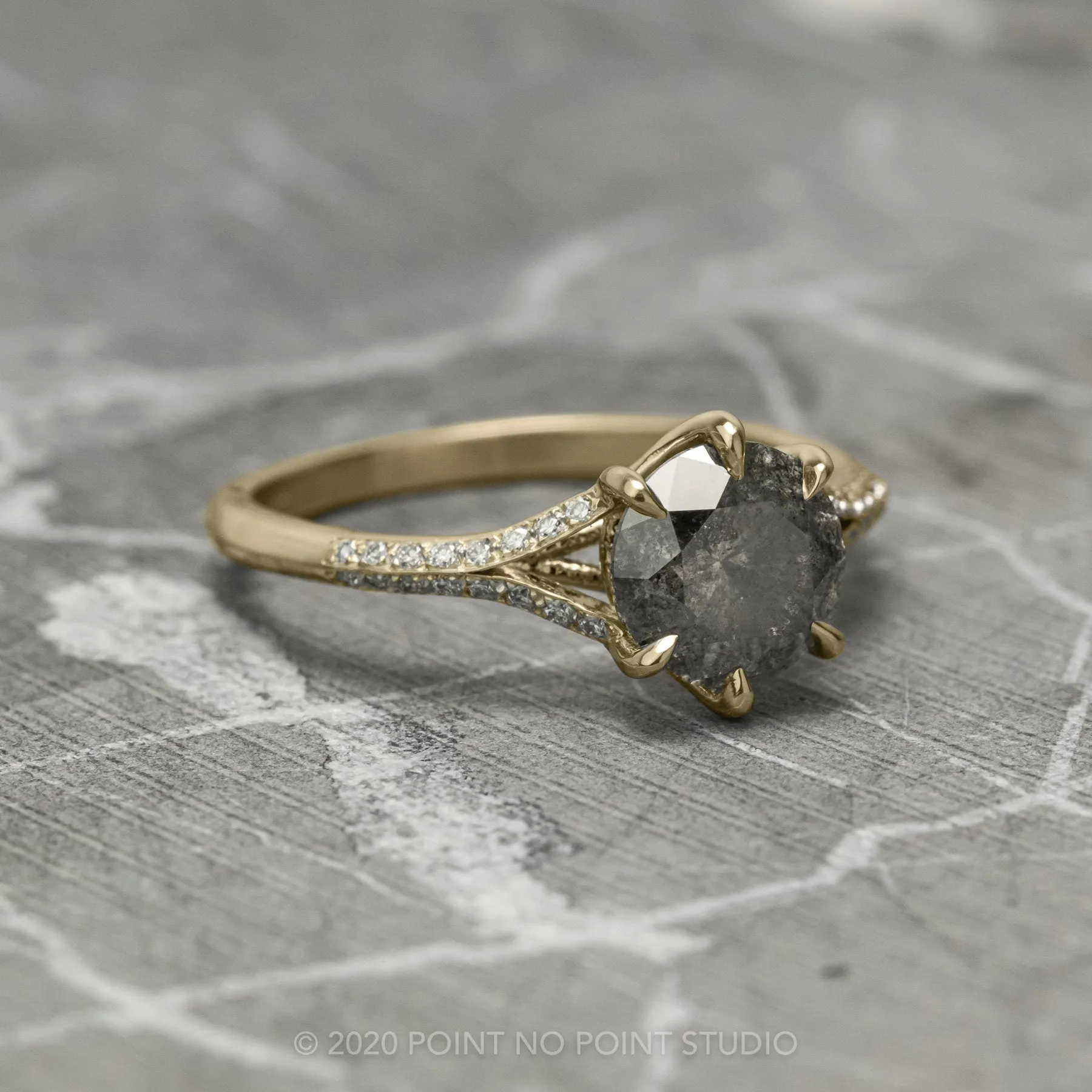 2.28 Carat Salt and Pepper Diamond Engagement Ring, Mackenzie Setting, 14K Yellow Gold