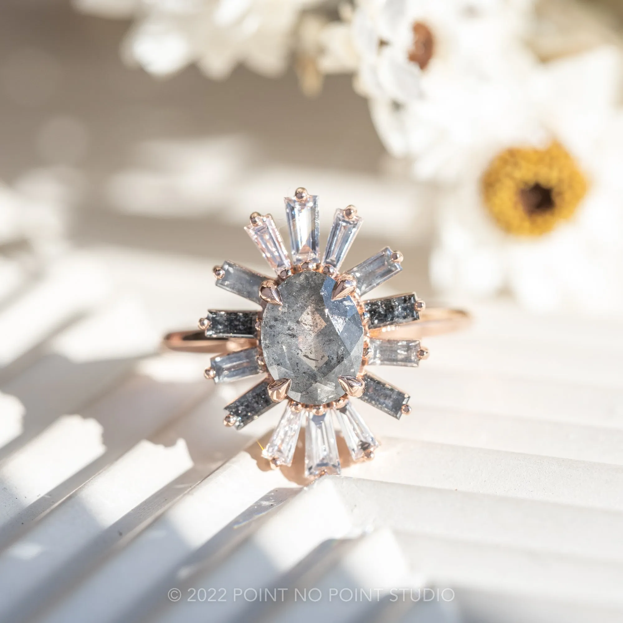 2.36 Carat Salt and Pepper Oval Diamond Engagement Ring, Sunburst Setting, 14K Rose Gold