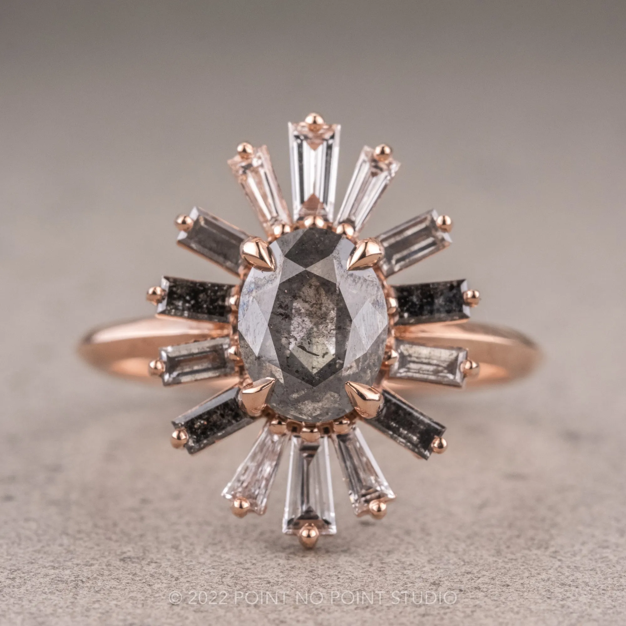 2.36 Carat Salt and Pepper Oval Diamond Engagement Ring, Sunburst Setting, 14K Rose Gold