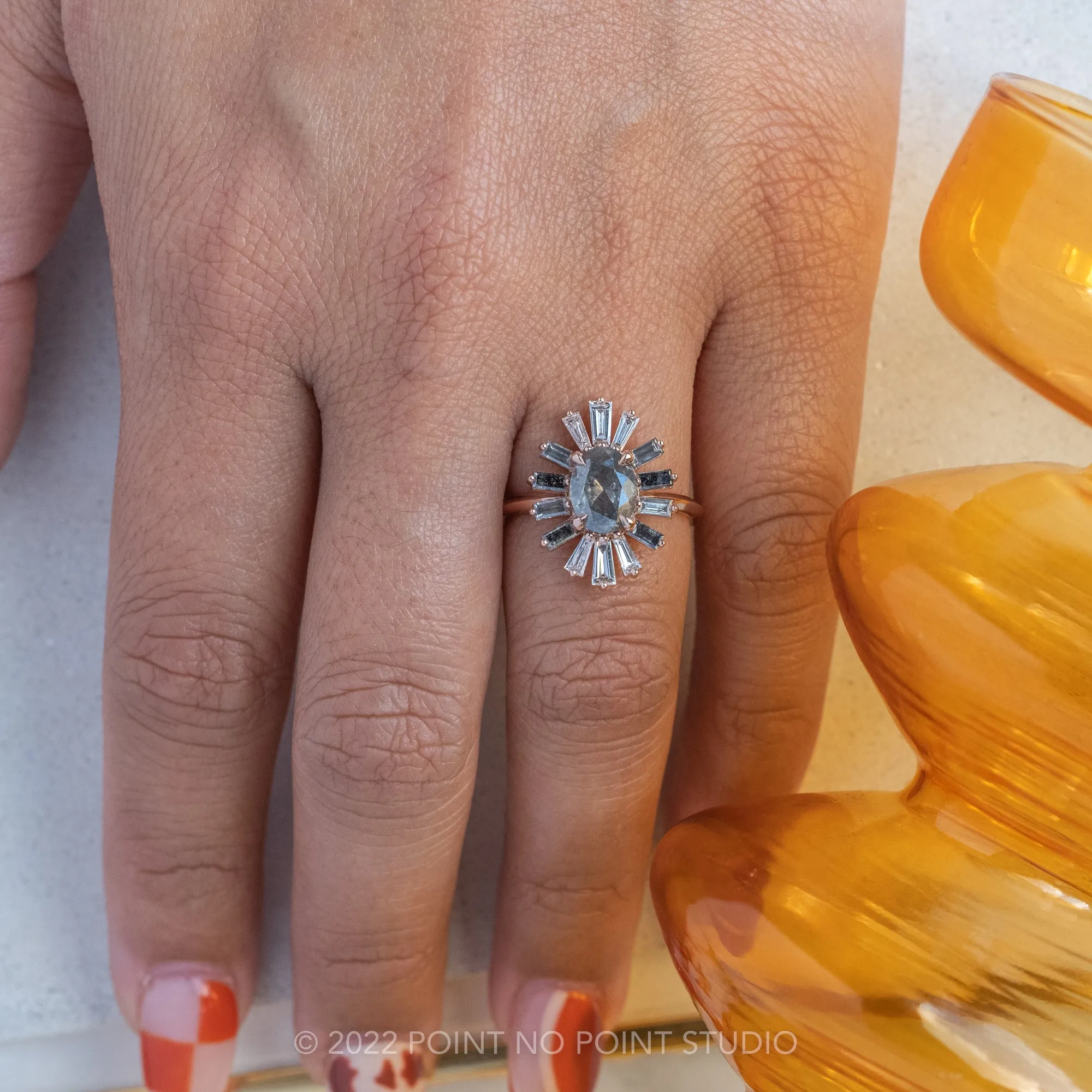 2.36 Carat Salt and Pepper Oval Diamond Engagement Ring, Sunburst Setting, 14K Rose Gold