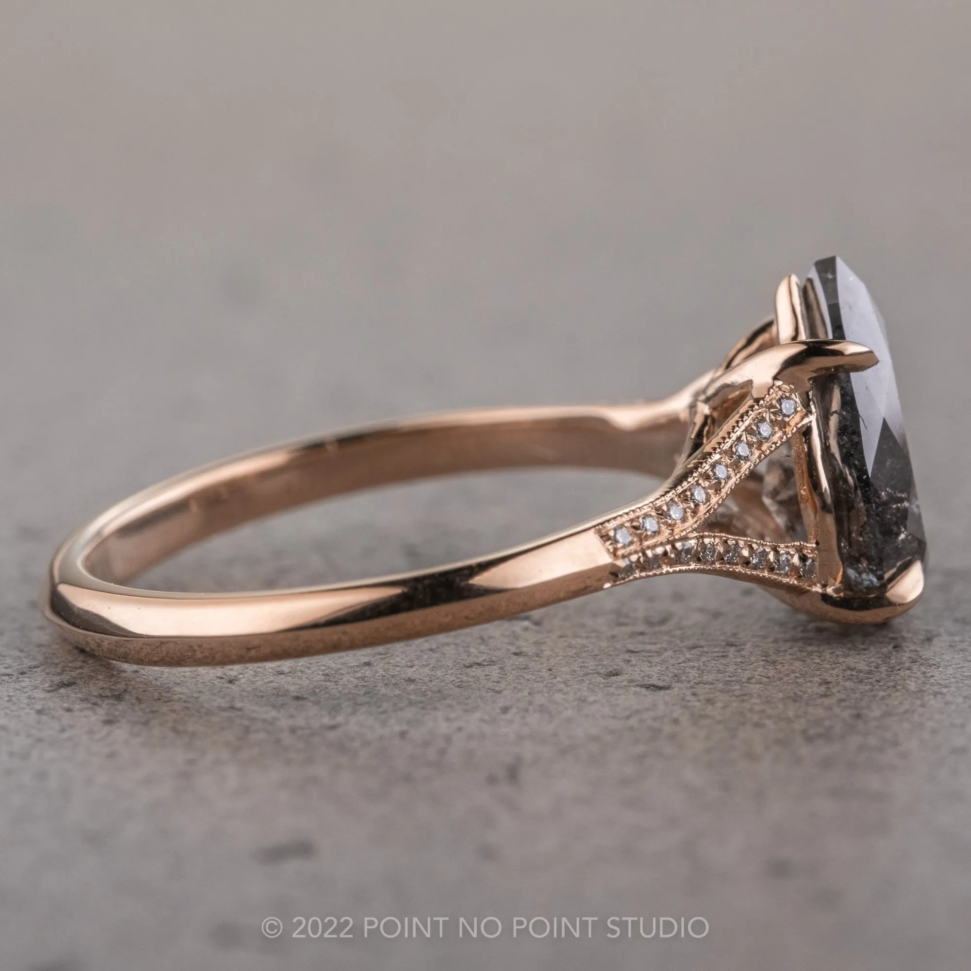 2.38 Carat Black Speckled Pear Diamond Engagement Ring, Mackenzie Setting, 14K Rose Gold