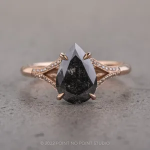 2.38 Carat Black Speckled Pear Diamond Engagement Ring, Mackenzie Setting, 14K Rose Gold
