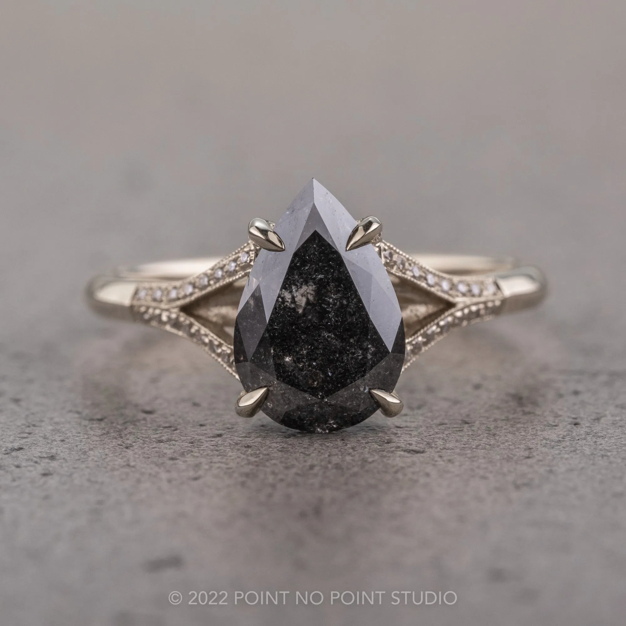2.38 Carat Black Speckled Pear Diamond Engagement Ring, Mackenzie Setting, 14K White Gold
