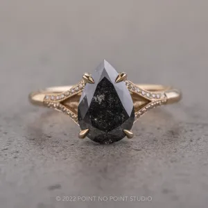 2.38 Carat Black Speckled Pear Diamond Engagement Ring, Mackenzie Setting, 14K Yellow Gold