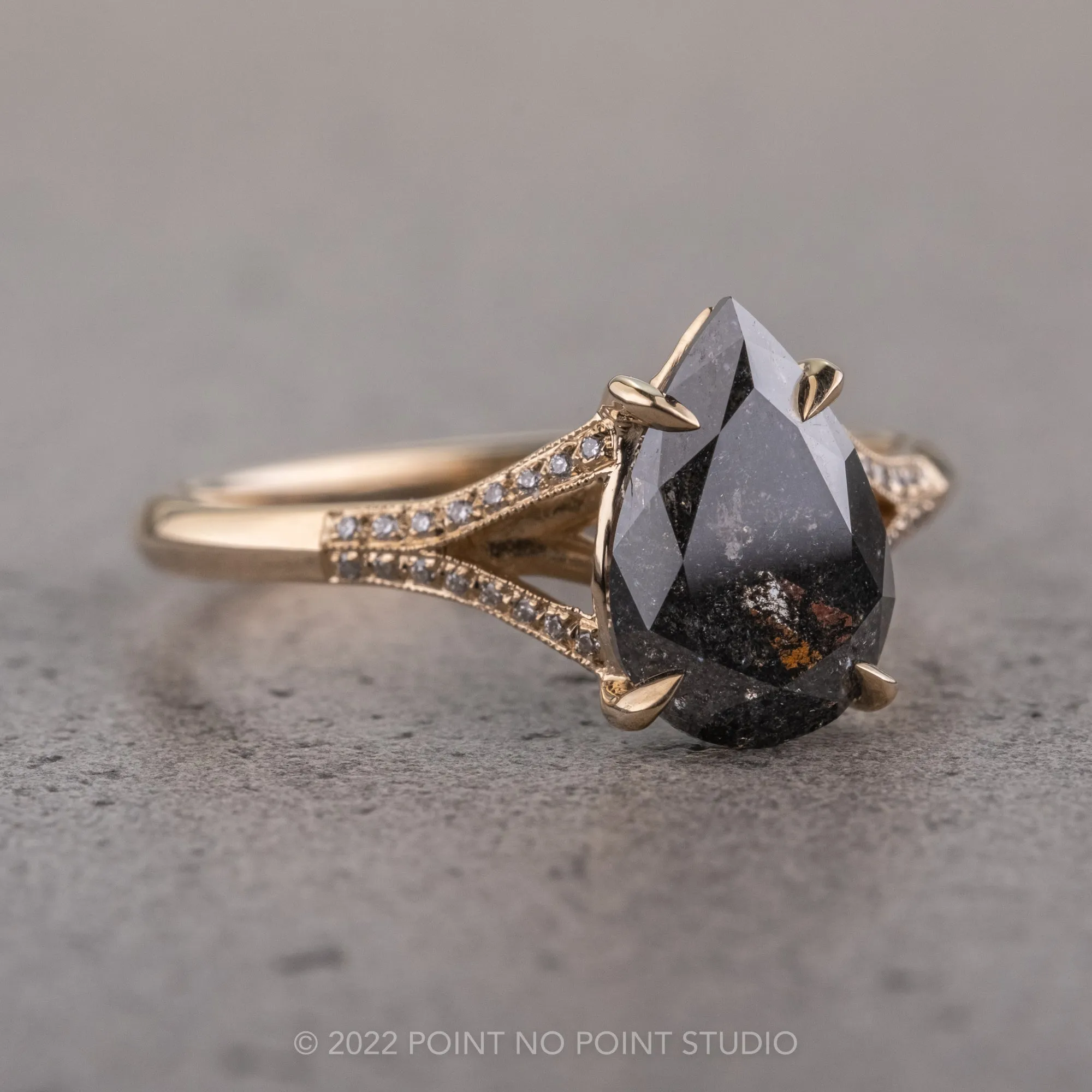 2.38 Carat Black Speckled Pear Diamond Engagement Ring, Mackenzie Setting, 14K Yellow Gold