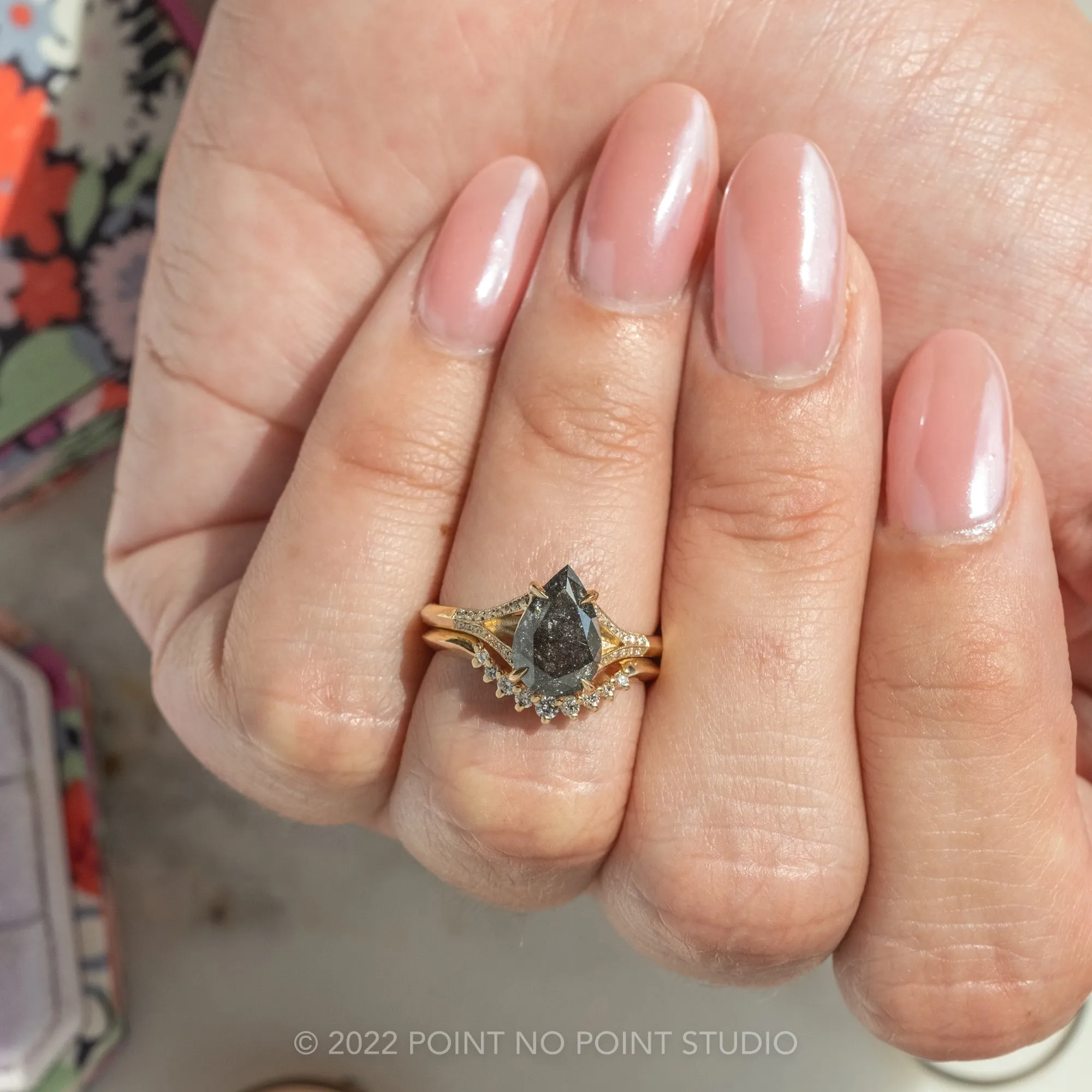 2.38 Carat Black Speckled Pear Diamond Engagement Ring, Mackenzie Setting, 14K Yellow Gold