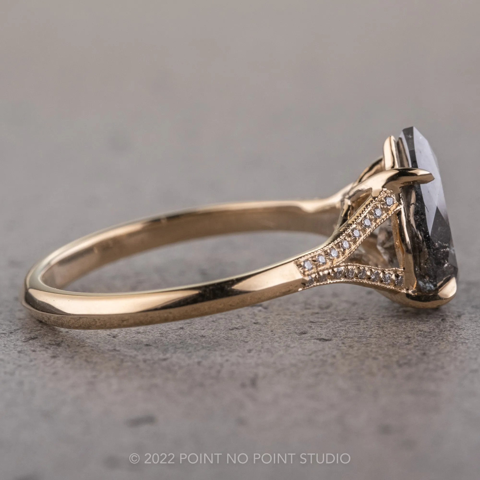 2.38 Carat Black Speckled Pear Diamond Engagement Ring, Mackenzie Setting, 14K Yellow Gold